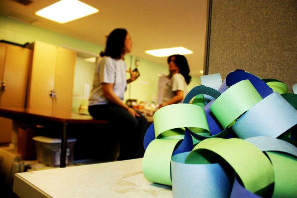 The hobby/craft room is brimming with projects, like these paper chains.