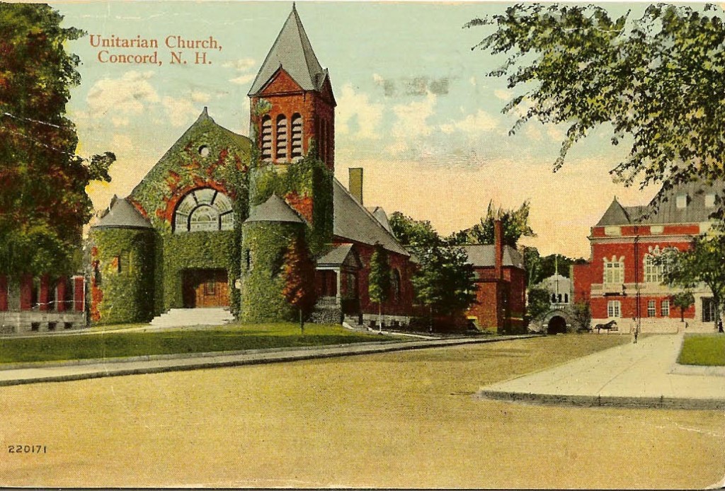 This photo was taken during the great ivy attack of the mid-1900s, during which several Concord buildings were completely swallowed up by green leafy madness with a taste for brick. Urban legend has it that what we just said is completely fabricated. This is (spoiler alert) the Unitarian Church, but not the one we know today. This church was located on Capitol Street until fire, not man- or building-eating shrubbery, destroyed it. Thanks to reader Earl Burroughs for sending the photo along.
