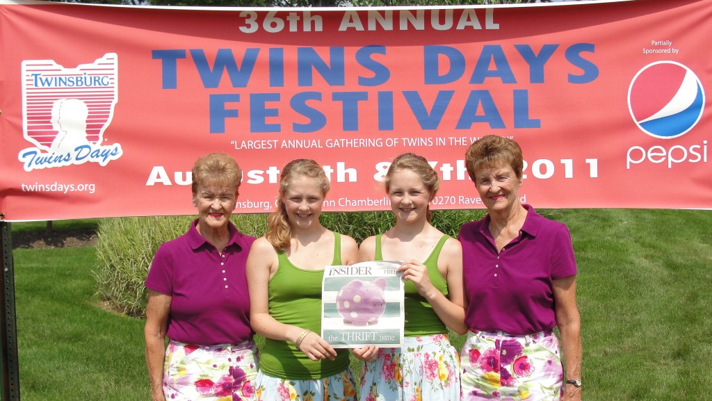  Twins Colleen and Cailin Casey recently attended the 36th annual Twins Days Festival in Twinsburg, OH with their grandmother and great aunt (Nancy Barrett and Carol Seavey, respectively) who are also twins.  Over 1700 sets of twins attended.  More info can be found at twinsdays.org.  From L to R in the picture are:  Carol Seavey, Cailin Casey, Colleen Casey and Nancy Barrett.