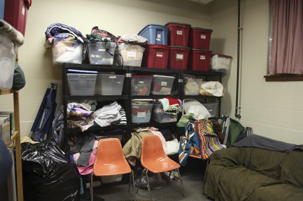 The shelter’s TV and storage room. One of the most difficult parts of homelessness, one couple said, is having to lug their belongings around around all day. “You can leave some big stuff at the shelter, but everything else has to go with you,” one man said.  “You get treated so differently when you’re carrying your things around. People know you’re homeless.”