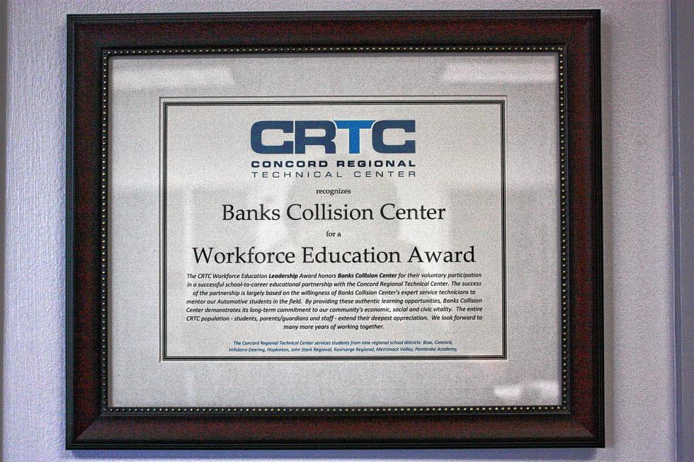 Banks Collision Center earned a Workforce Education Award from the Concord Regional Technical Center. (JON BODELL / Insider staff) - 
