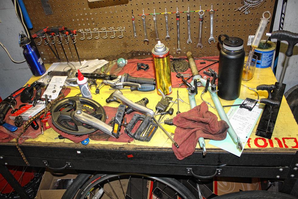 The tools of the trade. Working on bikes can be a greasy affair. (JON BODELL / Insider staff) -