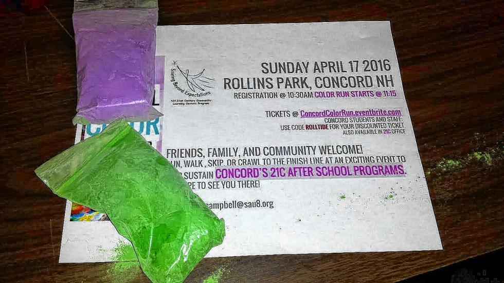Those are the packets of color you’ll get if you sign up for the color run fundraiser. And it’s on top of the event flier with all the info, in case we missed something (which we didn’t). (TIM GOODWIN / Insider staff) -