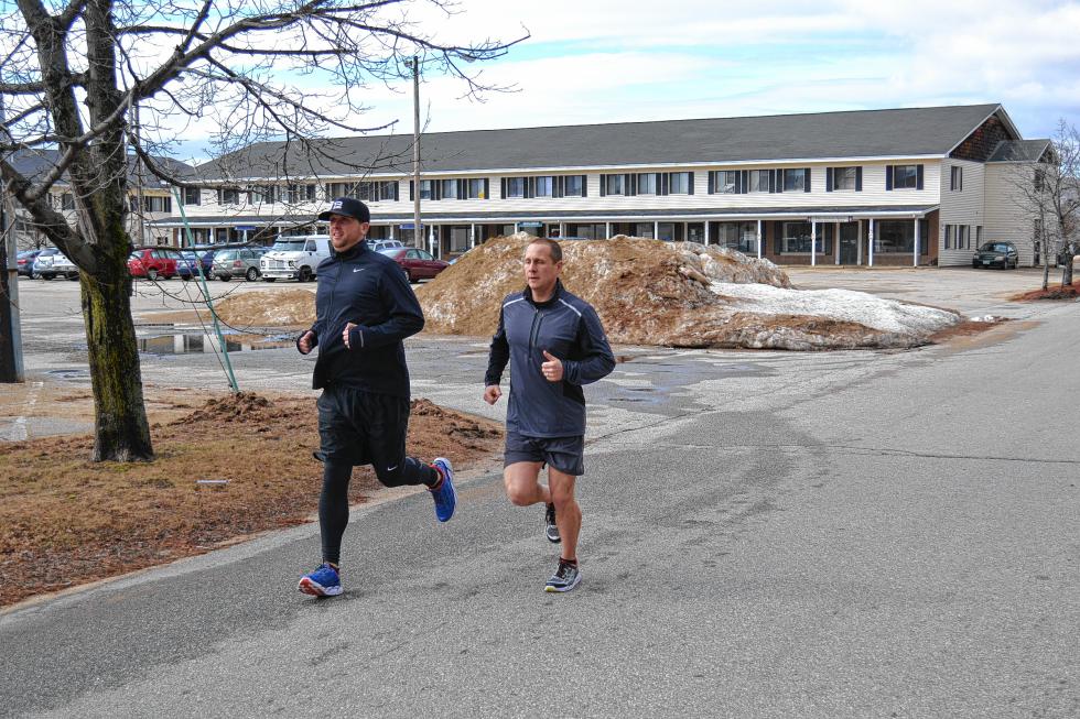Marshall Crane (left) and Jeremy Woodward are running in next month’s Boston Marathon for the Greg Hill Foundation and Tedy’s Team, respectively. It also happens to be Crane’s first marathon. (TIM GOODWIN / Insider staff) -