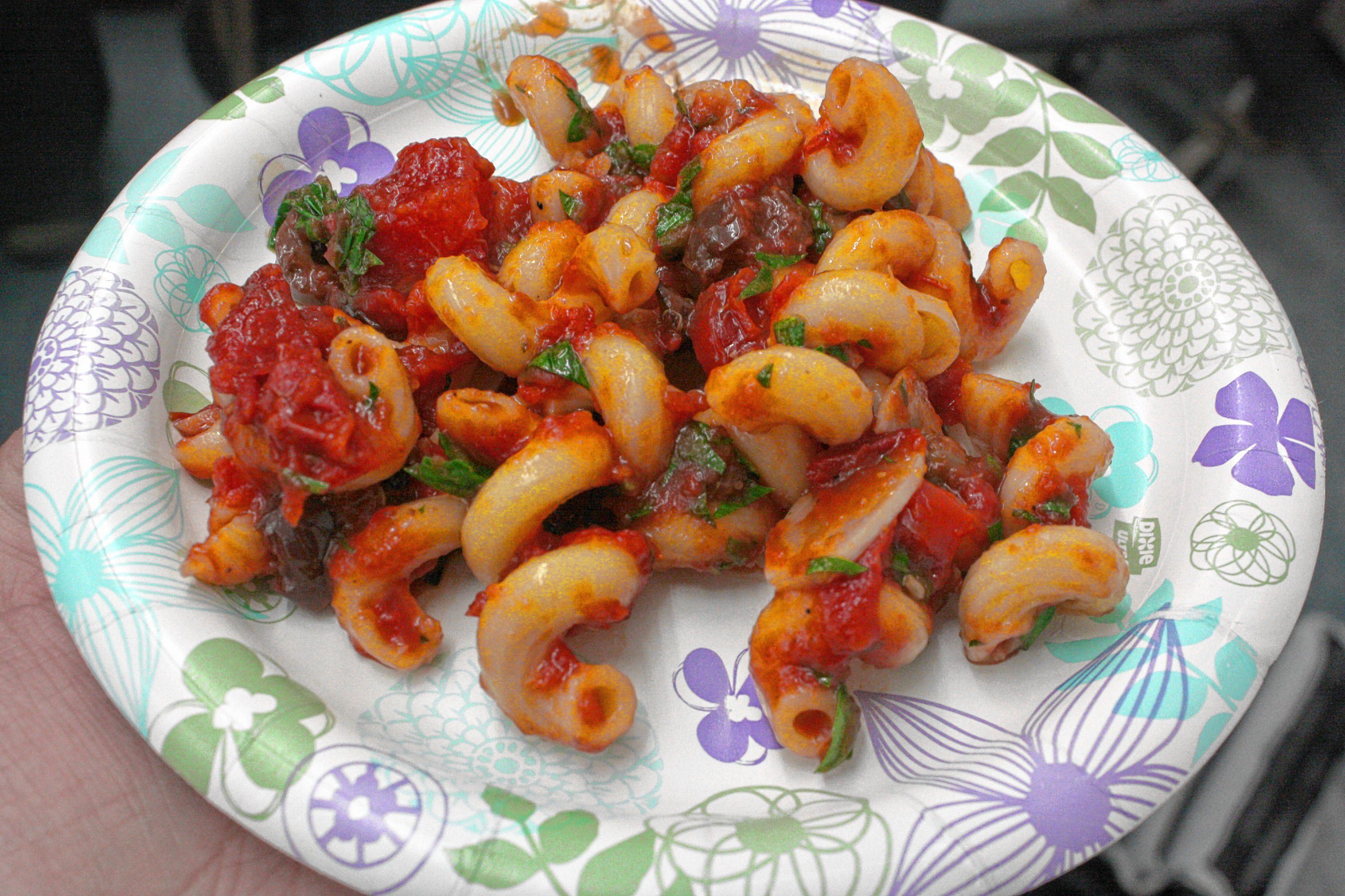 The finished product of the main course: Pasta Puttanesca. This was a strong dish absolutely packed with briney flavors.(JON BODELL / Insider staff)