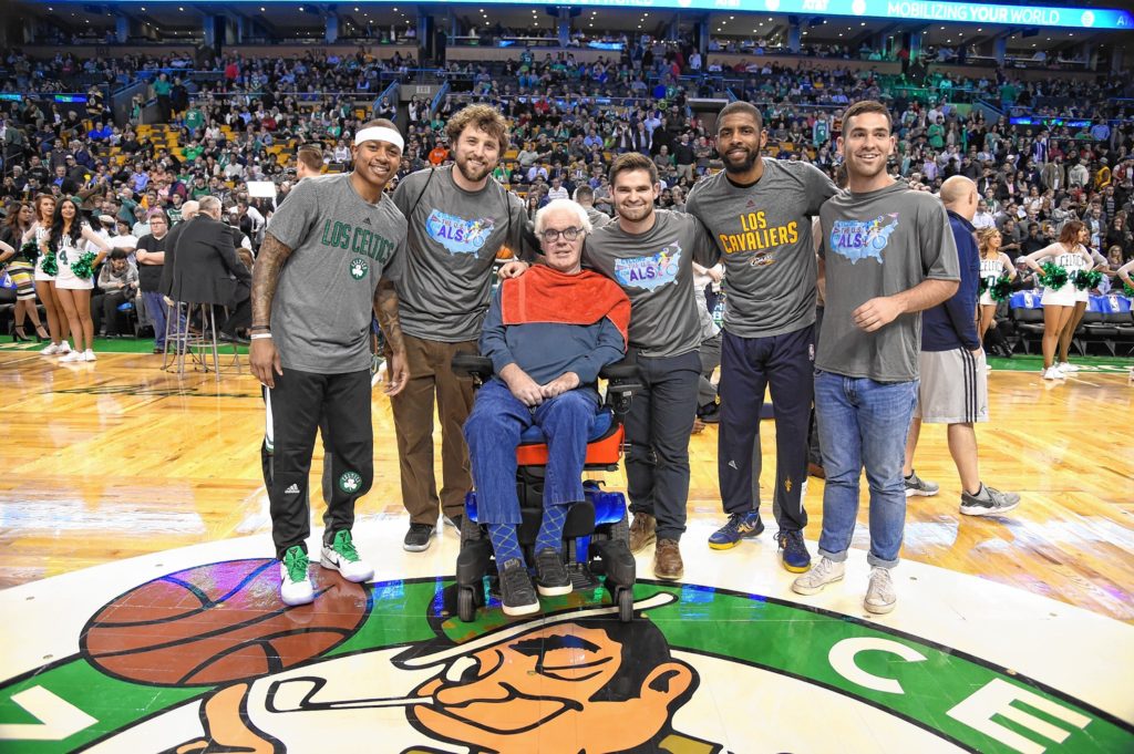 From left: Celtics point guard Isaiah Thomas, Jim Connolly, former Concord High School principal Gene Connolly (Jim's father), Derek Thomson, Cleveland Cavaliers point guard Kyrie Irving and Dylan Thomson attend a ceremony before the start of the Celtics game at TD Garden in Boston on Wednesday night. The Thomson brothers were the night’s Heroes Among Us honorees, thanks to their 4,500-mile bike ride across the country last summer in which they raised $30,000 for ALS research. Gene Connolly, formerly the principal of the Thomson brothers, was diagnosed with ALS in 2014.(Courtesy)