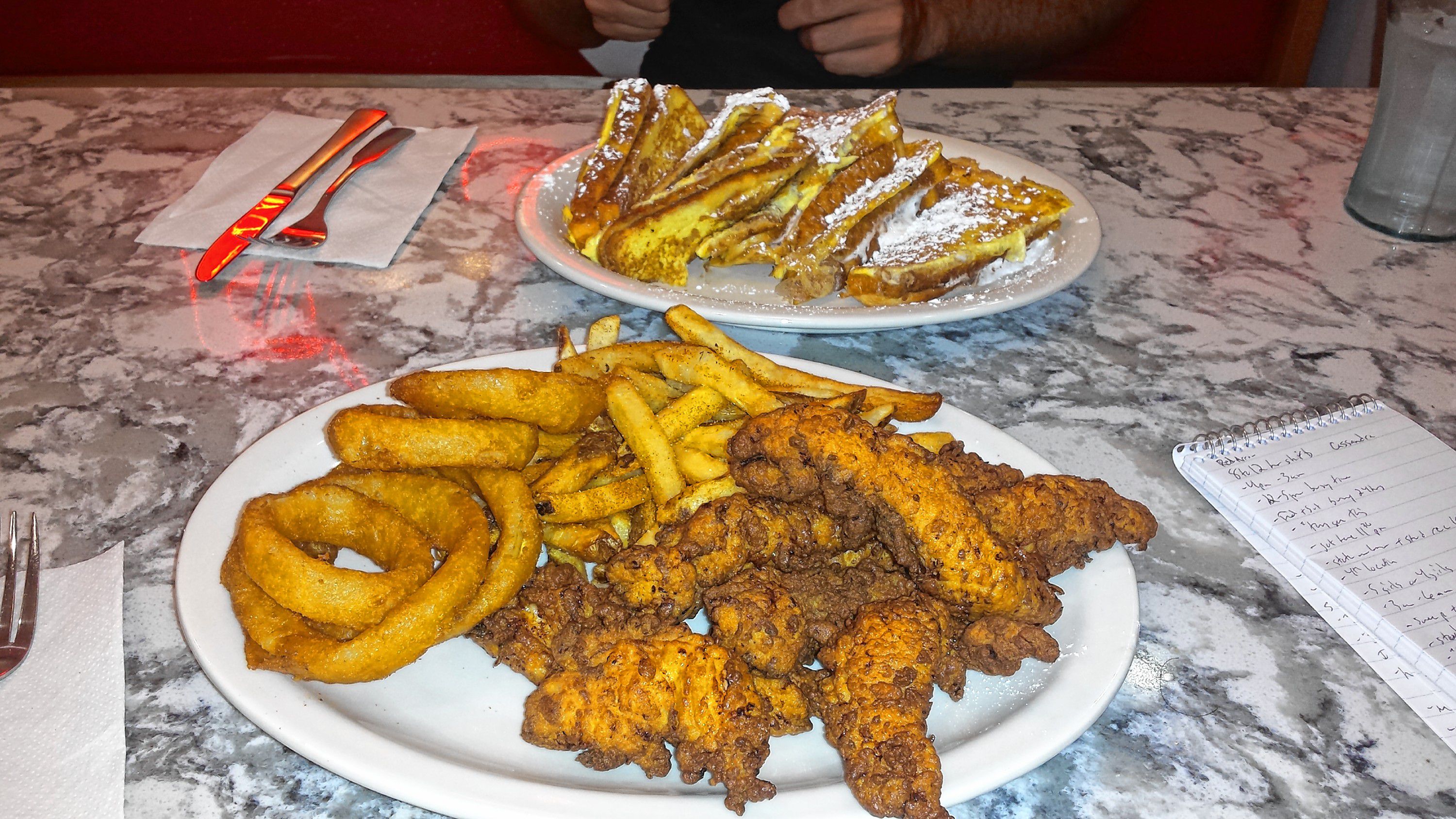 We stopped at Red Arrow Diner about 11 p.m. during our night out and ordered a plate of chicken fingers and fries and Nutella and Fluff-filled French toast. Both hit the spot perfectly at the end of a long night. TIM GOODWIN / Insider staff