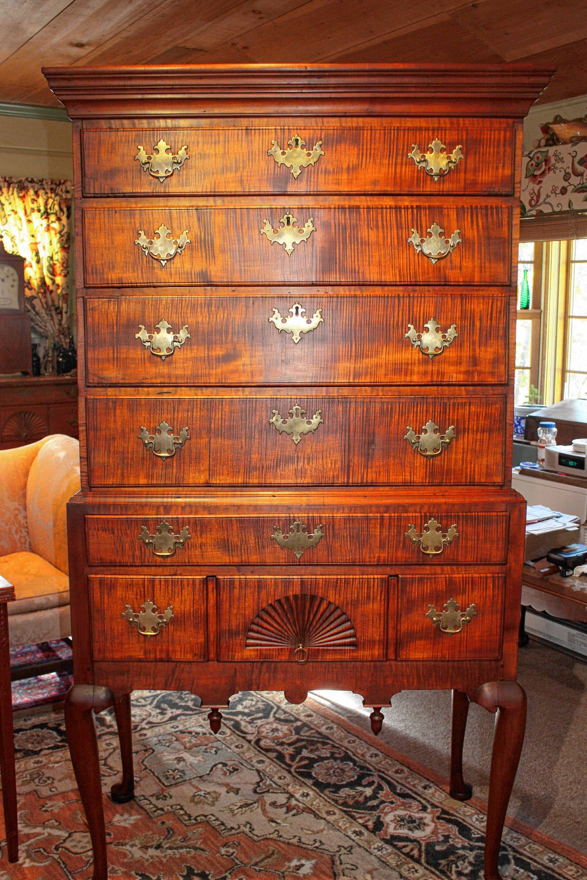 This high-boy chest available from Gary F. Yeaton Antiques was made in New Hampshire around 1780. It features the somewhat rare curly maple, or tiger maple, and is worth about $8,500. JON BODELL / Insider staff