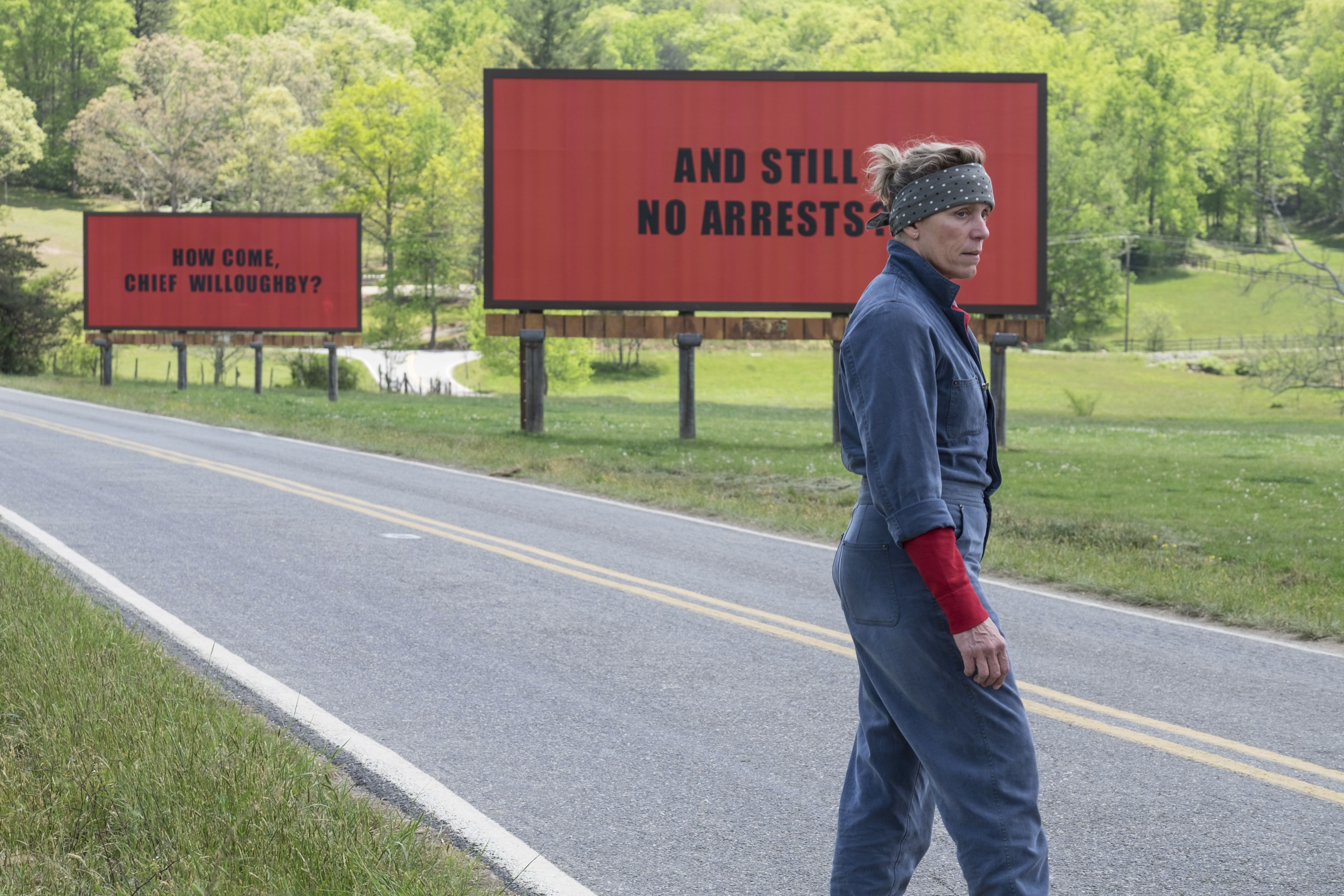 This image released by Fox Searchlight shows Frances McDormand in a scene from "Three Billboards Outside Ebbing, Missouri." The film was nominated for an Oscar for best picture on Tuesday, Jan. 23, 2018. The 90th Oscars will air live on ABC on Sunday, March 4. (Fox Searchlight via AP)  