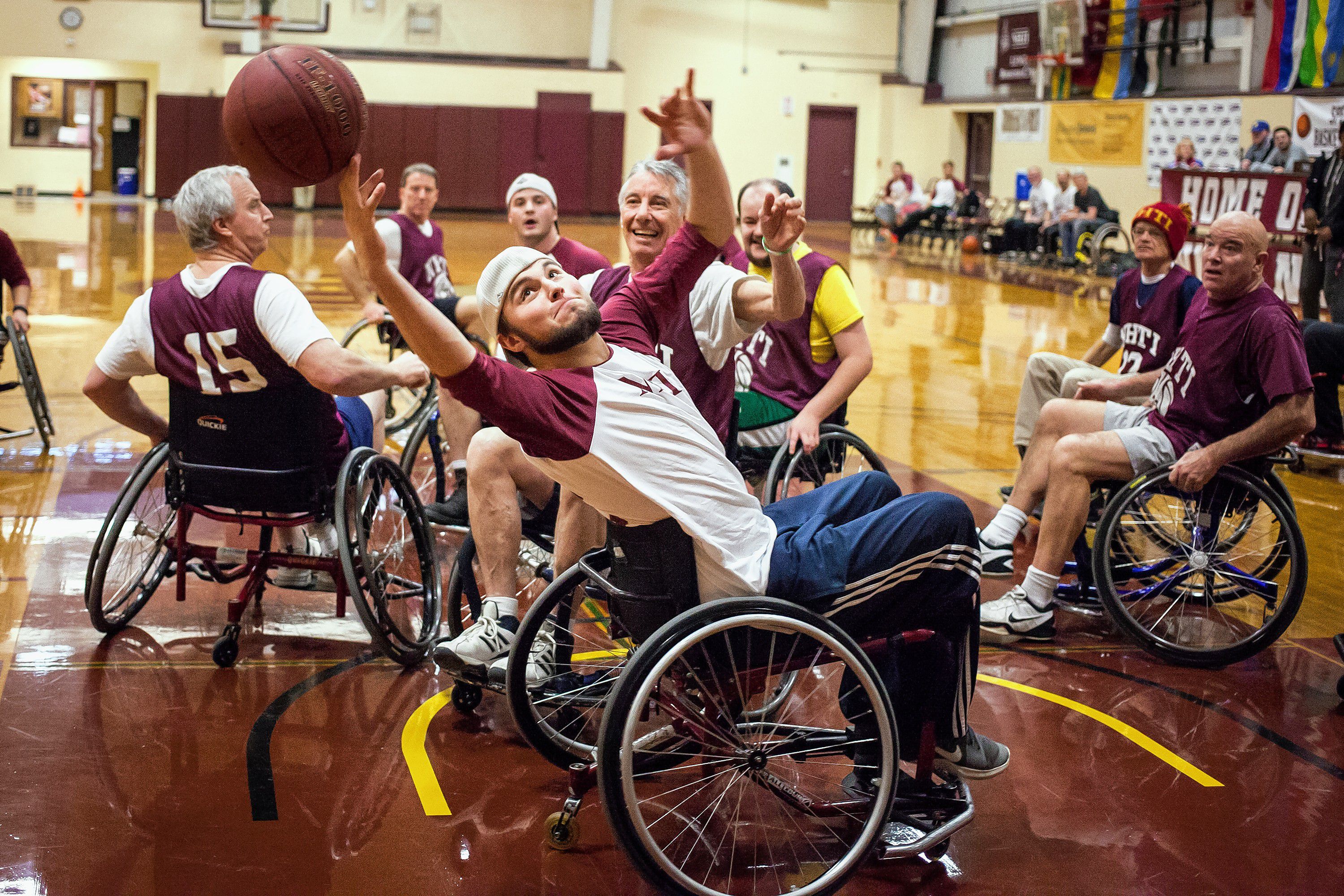 NHTI freshman Logan Elliott stretches for a rebound during the wheelchair basketball benefit for the Zech DeVits Memorial Equipment Fund at NHTI in Concord on Thursday, Feb. 2, 2017. (ELIZABETH FRANTZ / Monitor staff) Elizabeth Frantz