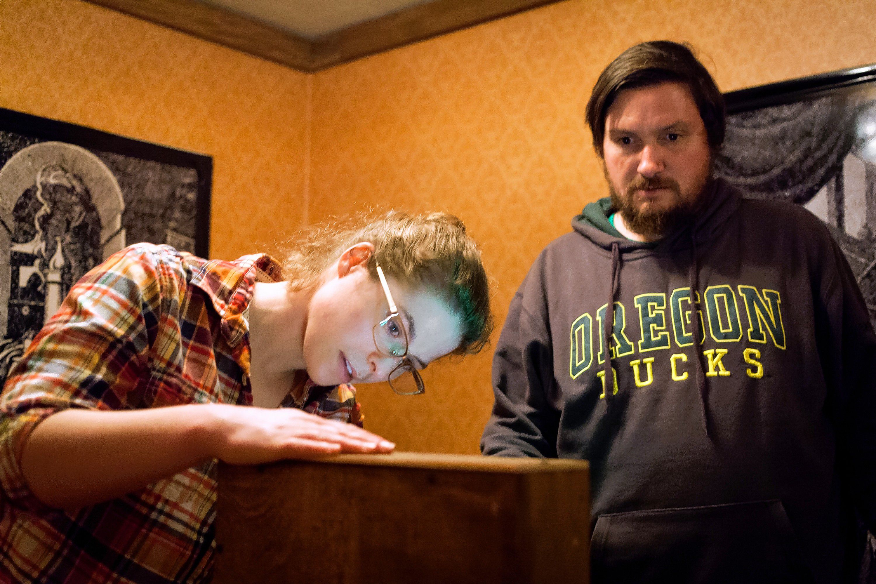 A Concord Insider/Monitor team, including Caitlin Andrews (left) and Tim Goodwin, tackles The Enigma at the Escape Room in Concord on Wednesday, April 25, 2018. (ELIZABETH FRANTZ / Monitor staff) Elizabeth Frantz