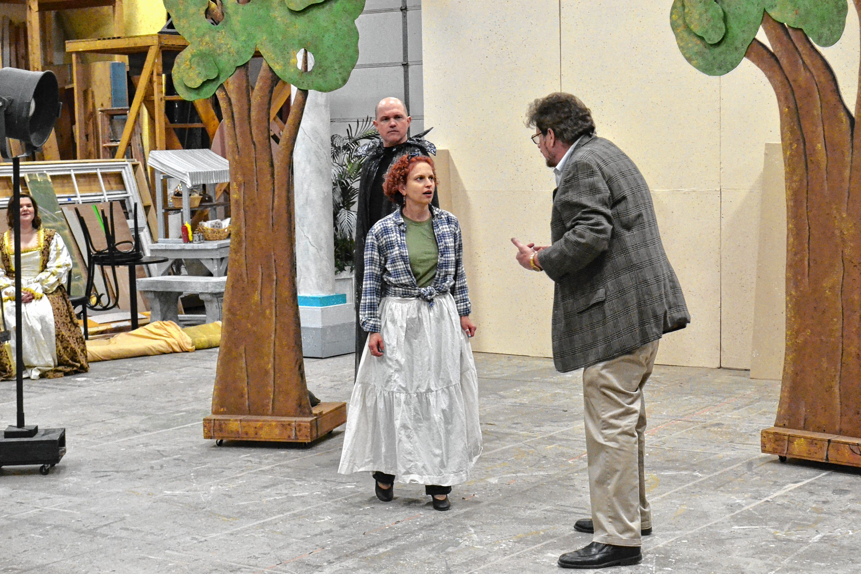 Olivia, played by Katie Dunn, and Max Reinhardt (Paul Smith) work through one of the opening scenes in the Community Players of Concord's performance of Shakespeare in Hollywood during a rehearsal last week. TIM GOODWIN / Insider staff