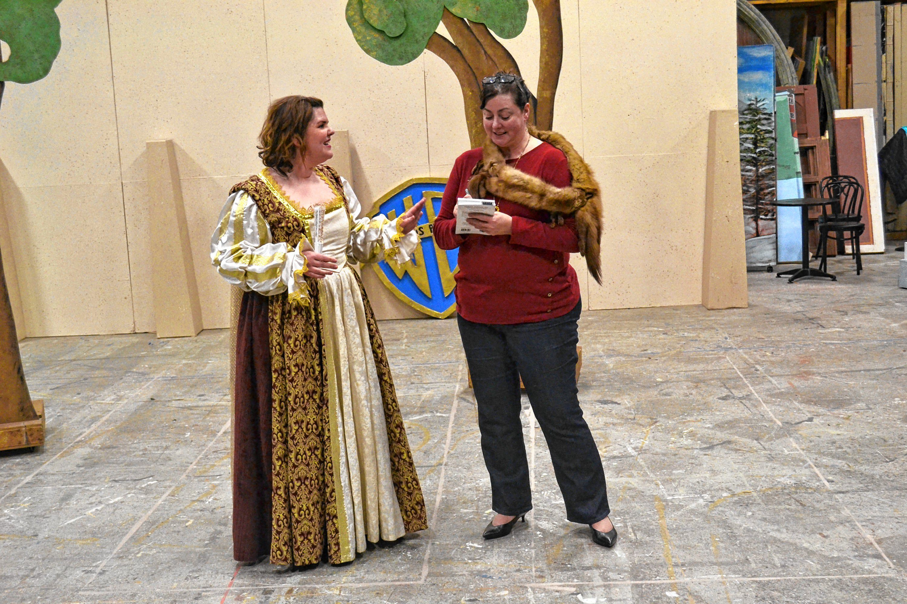 Amanda Jennison as Lydia Lansing and Valerie Kehr playing Louella Parsons work through an interview during a rehearsal of Shakespeare in Hollywood at the Community Players of Concord studio last week. TIM GOODWIN / Insider staff