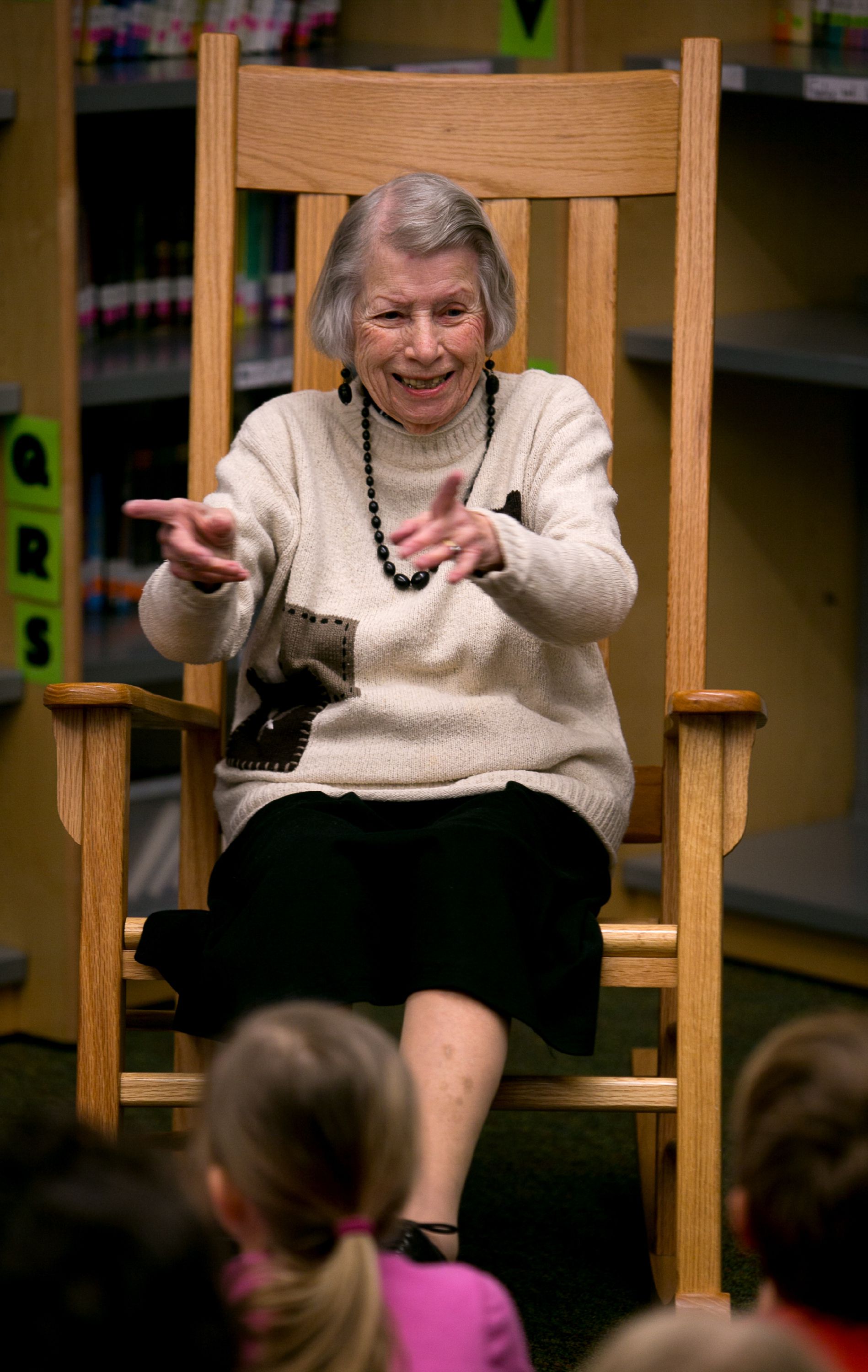 Clara Brogan, 92, spins a story to the second graders at Christa McAullife School in Concord Wednesday. Brogan comes in every other Thursday to do her storytelling at the school.  (GEOFF FORESTER / Monitor staff) GEOFF FORESTER