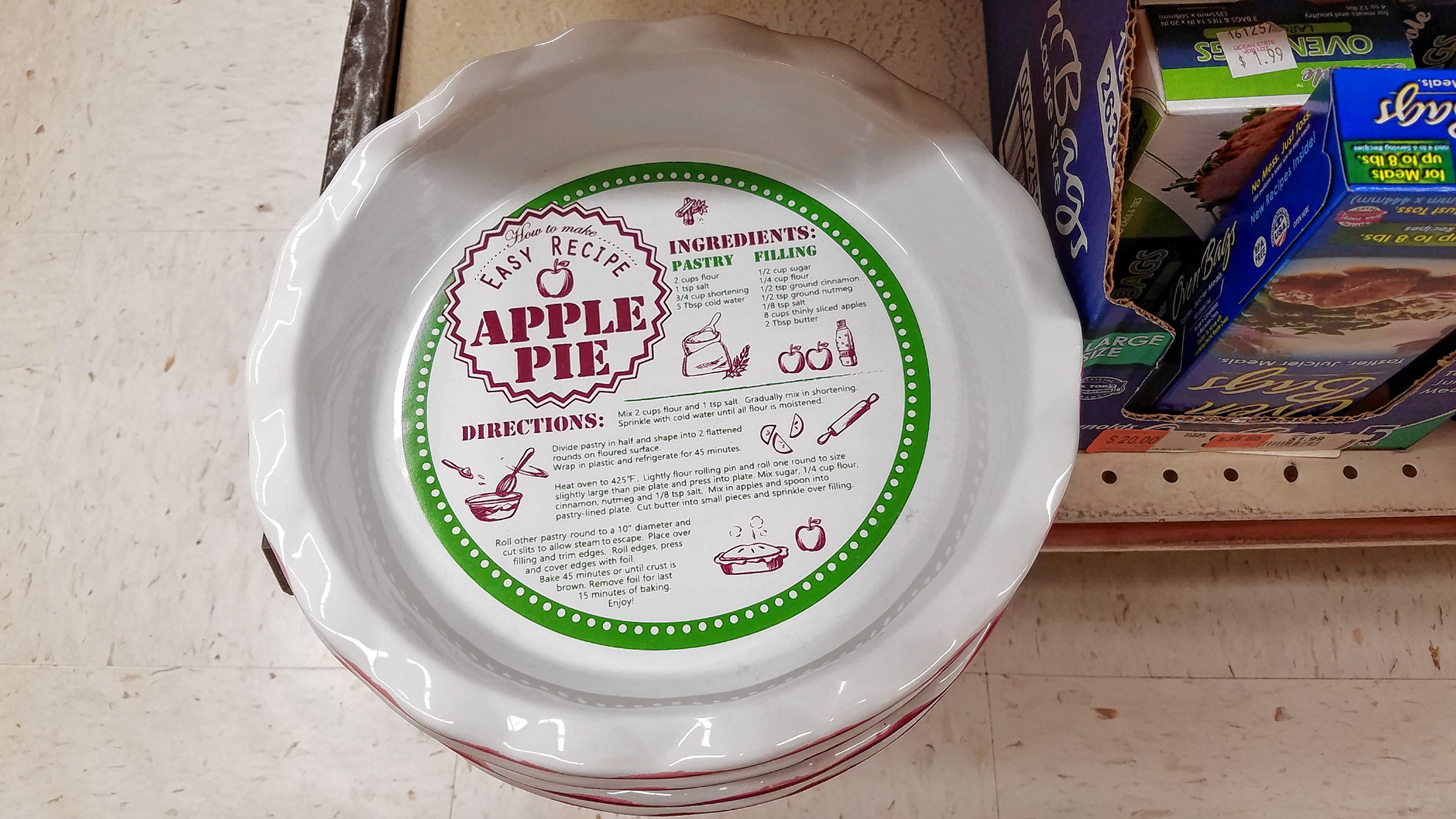 This handy-dandy pie plate comes with ingredients and instructions for making an apple pie right on the bottom of it. That's not a sticker -- the recipe is printed right on the pie plate, so you'll never lose it. This is actually pretty cool. JON BODELL / Insider staff