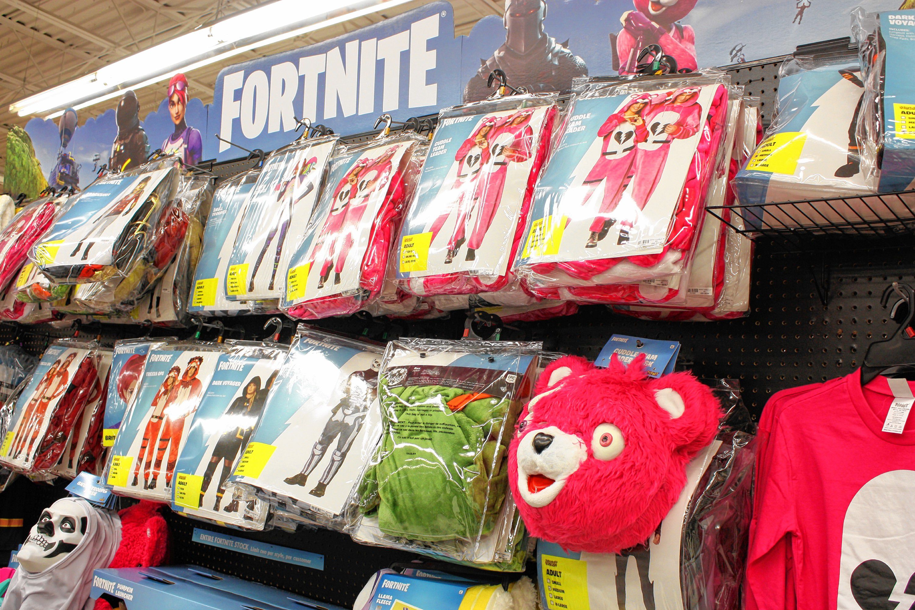 The game "Fortnite" is all the rage right now, so it's probably no surprise that there's a whole wall dedicated to "Fortnite" costumes and accessories at Spirit Halloween.  JON BODELL / Insider staff