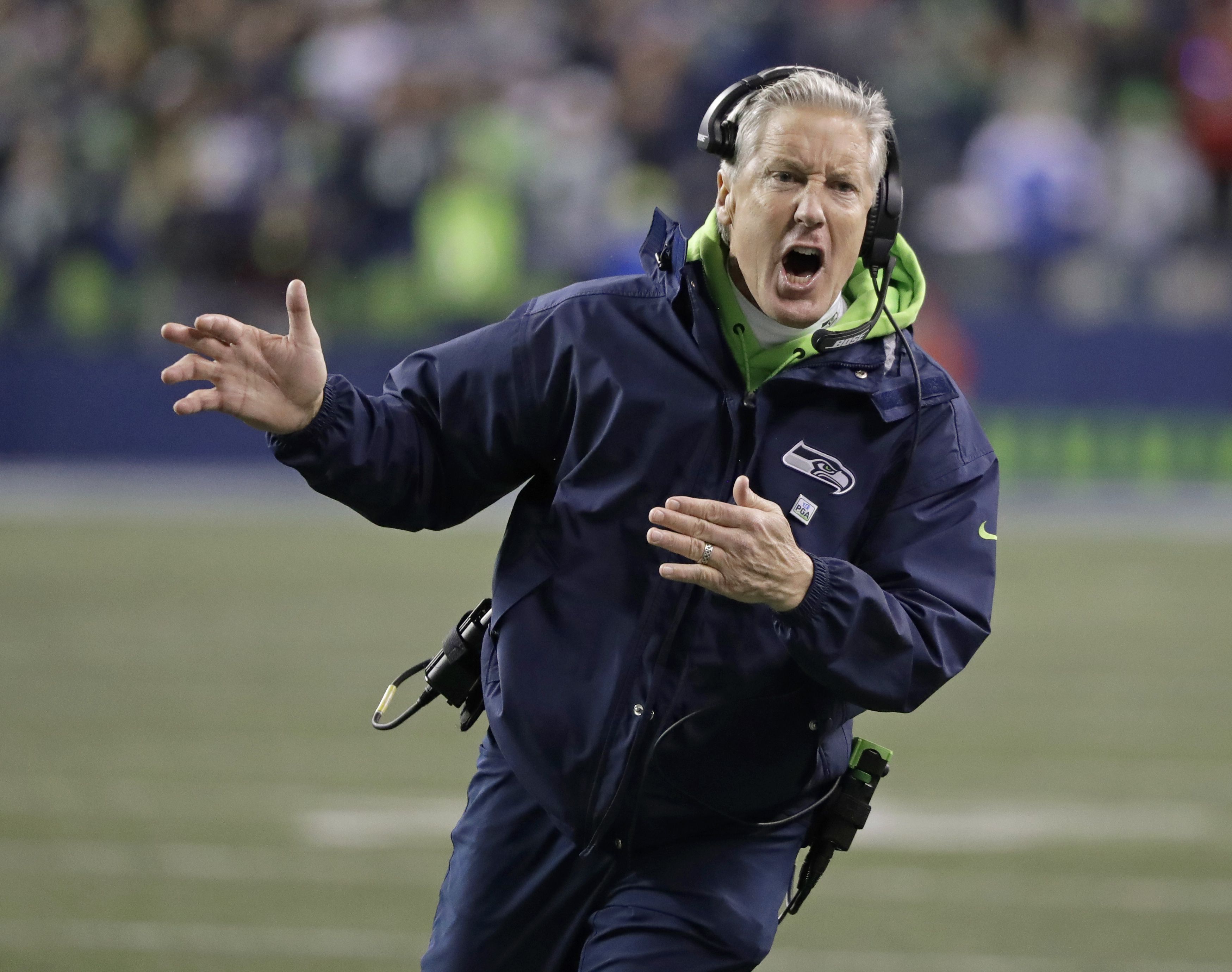 Seattle Seahawks head coach Pete Carroll reacts during the second half of an NFL football game against the Kansas City Chiefs, Sunday, Dec. 23, 2018, in Seattle. (AP Photo/Elaine Thompson)  Elaine Thompson