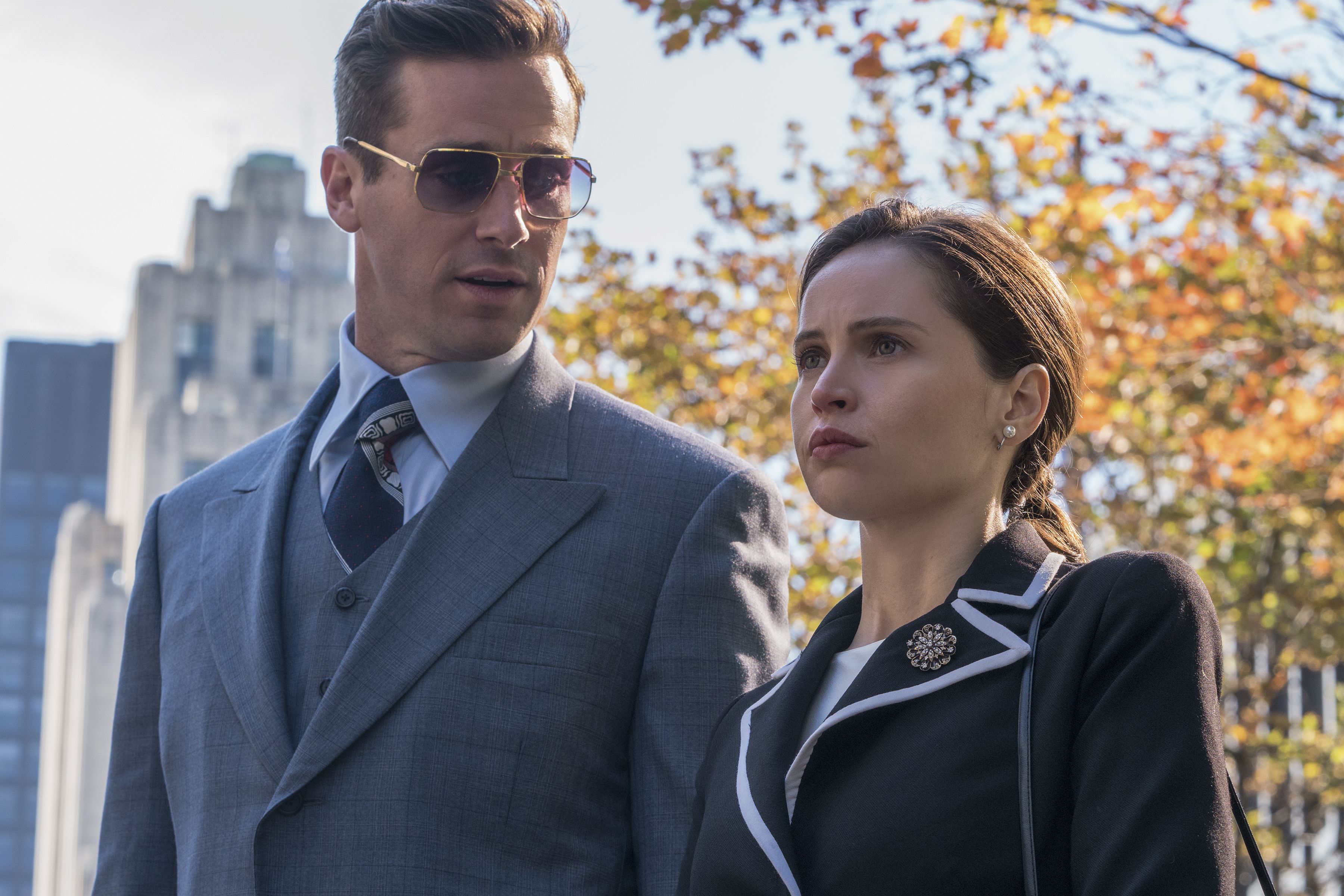 In this image released by Focus Features, Armie Hammer portrays Marty Ginsburg, left, and Felicity Jones portrays Ruth Bader Ginsburg in a scene from "On the Basis of Sex." (Jonathan Wenk/Focus Features via AP)  Jonathan Wenk / Focus Features