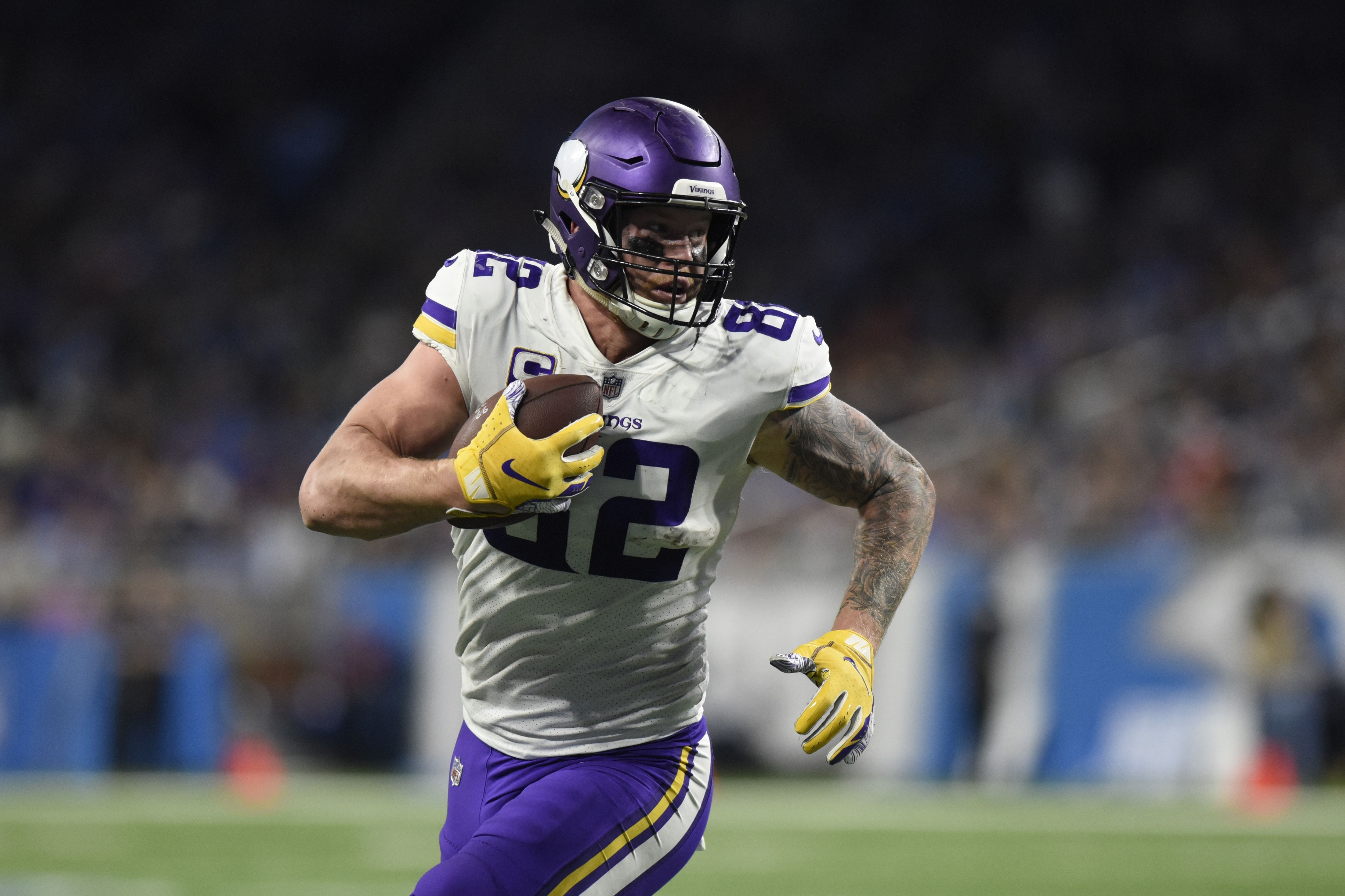 Minnesota Vikings tight end Kyle Rudolph runs into the end zone untouched for a touchdown during the second half of an NFL football game against the Detroit Lions, Sunday, Dec. 23, 2018, in Detroit. (AP Photo/Jose Juarez)  Jose Juarez