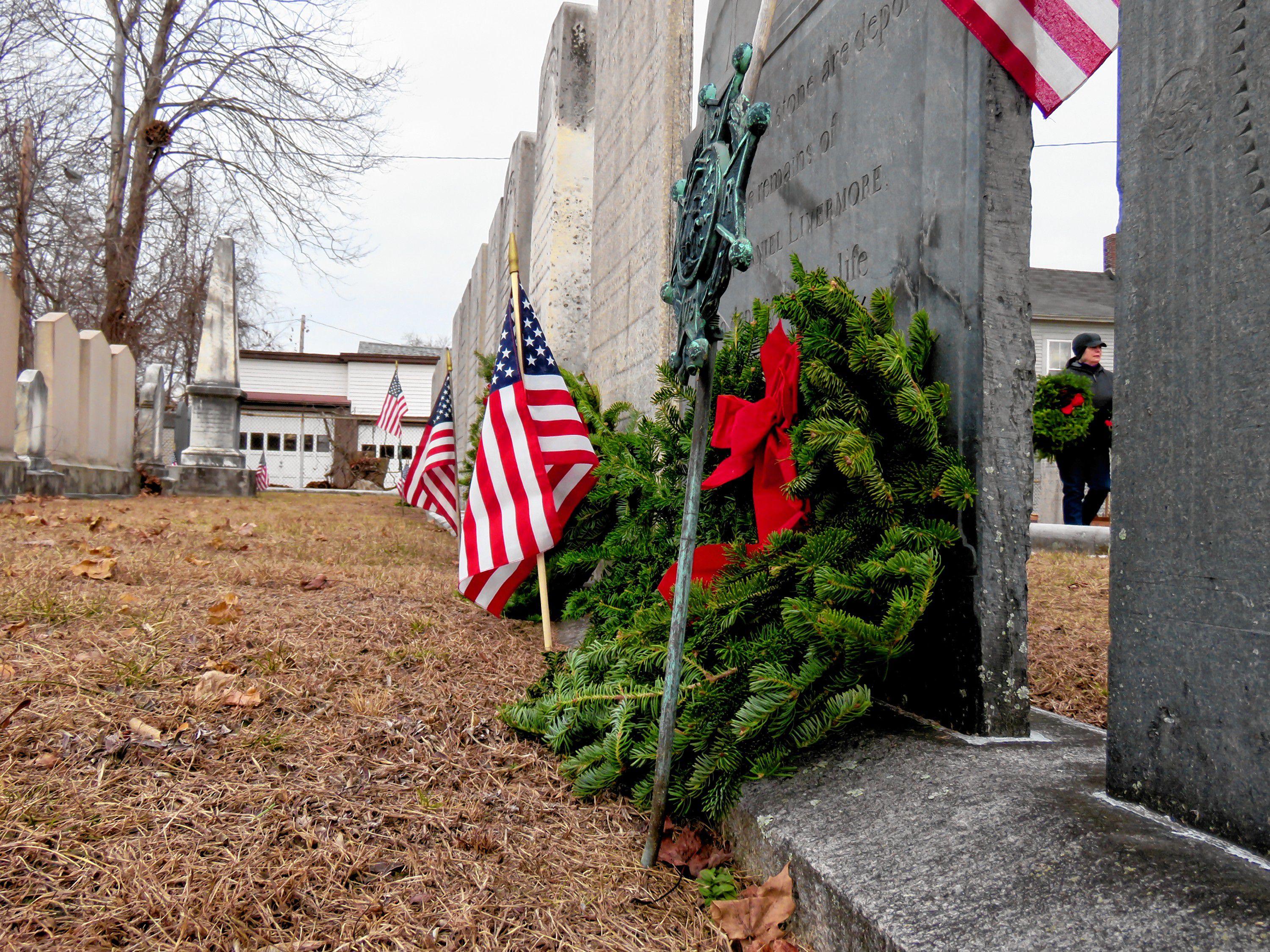 Wreaths meant to honor veterans at the Old North Cemetery in Concord are shown on the morning of Friday, Dec. 14, 2018. Caitlin Andrews