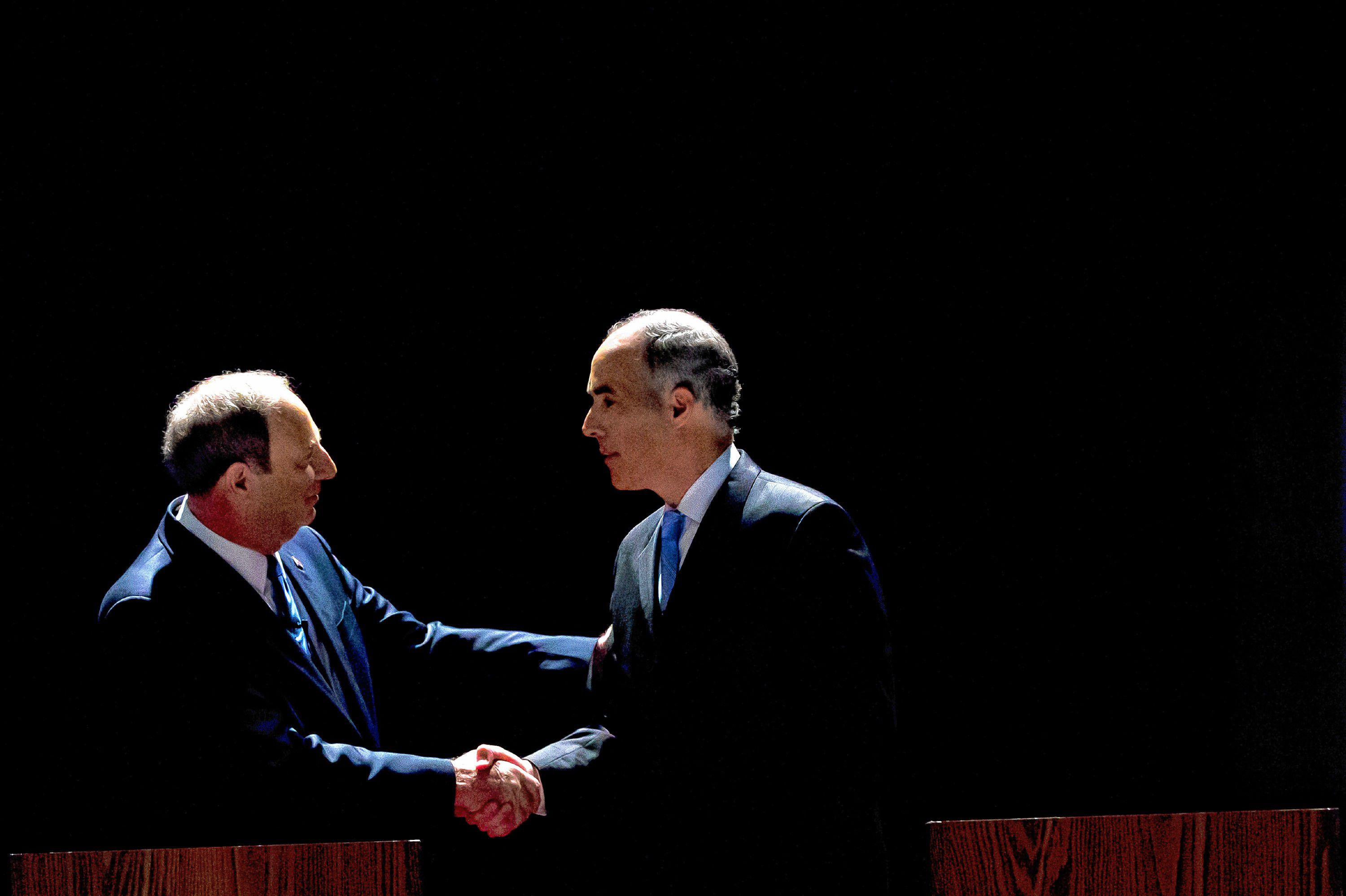 Republican Tom Smith, left, and Democratic U.S. Sen. Bob Casey shake hands at the end of a debate between Pennsylvania's candidates for U.S. Senate, at the WPVI-TV studio, Friday, Oct. 26, 2012, in Philadelphia.  Casey tried to paint his Republican challenger Tom Smith as someone who would worsen partisanship in Congress, while Smith contended he knows better than Casey how to improve the economy, as the two candidates largely stuck to rehearsed scripts in their first and only debate Friday.  (AP Photo/Matt Rourke) Matt Rourke