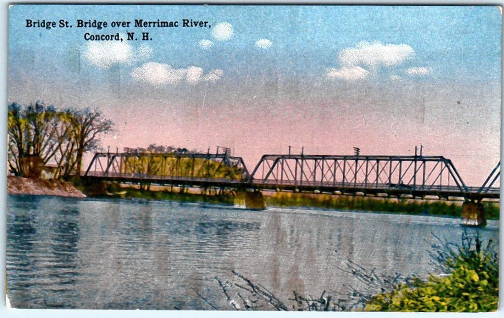 This undated photo shows the Bridge Street bridge over the Merrimack River in Concord next to where Everett Arena is currently situated. Courtesy of James W. Spain