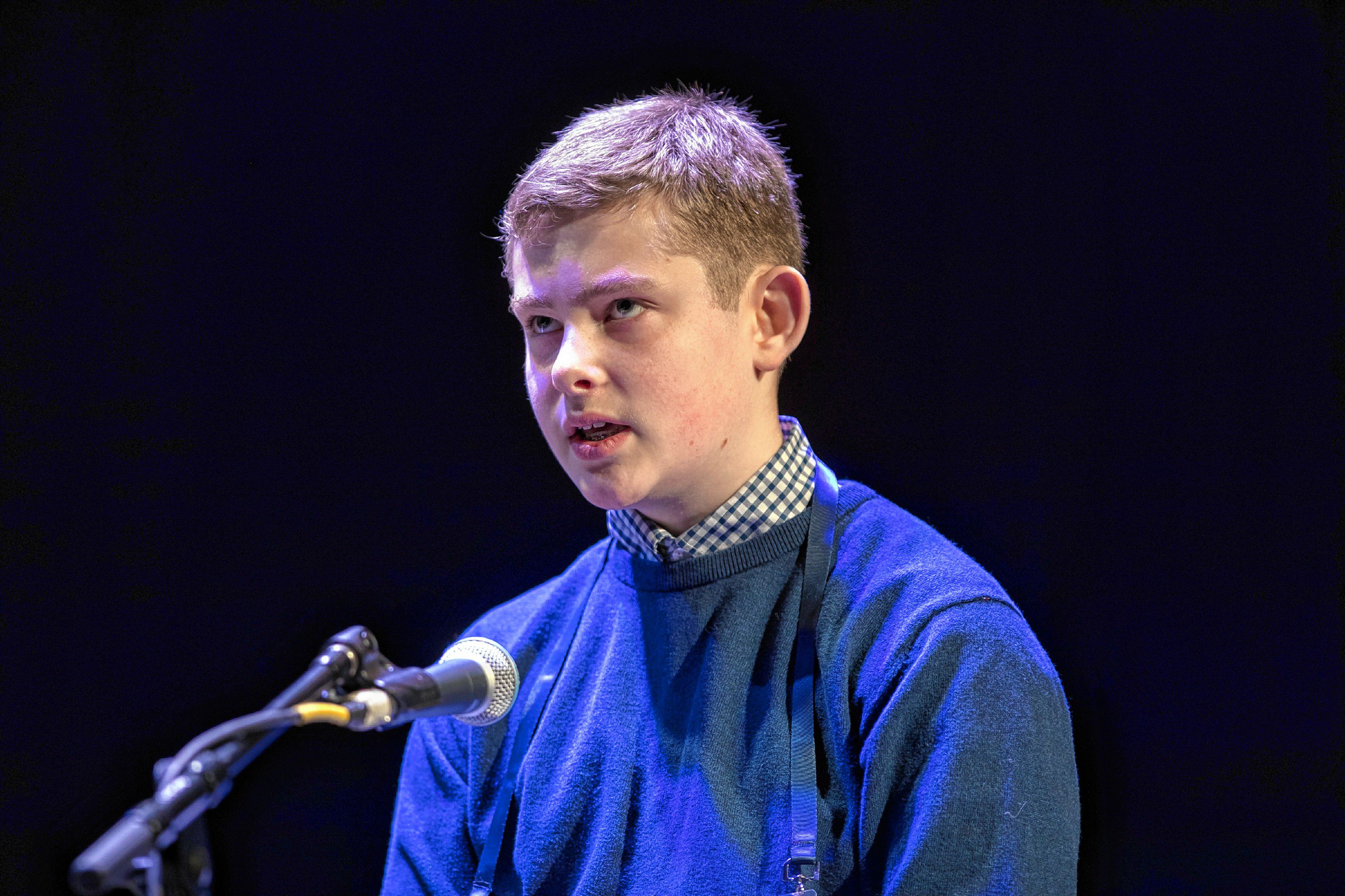 Thomas Shepard from Kearsarge Regional Middle School spells a word at the State Spelling Bee held at the Capitol Center for the Arts on Saturday, February 23, 2019. GEOFF FORESTER