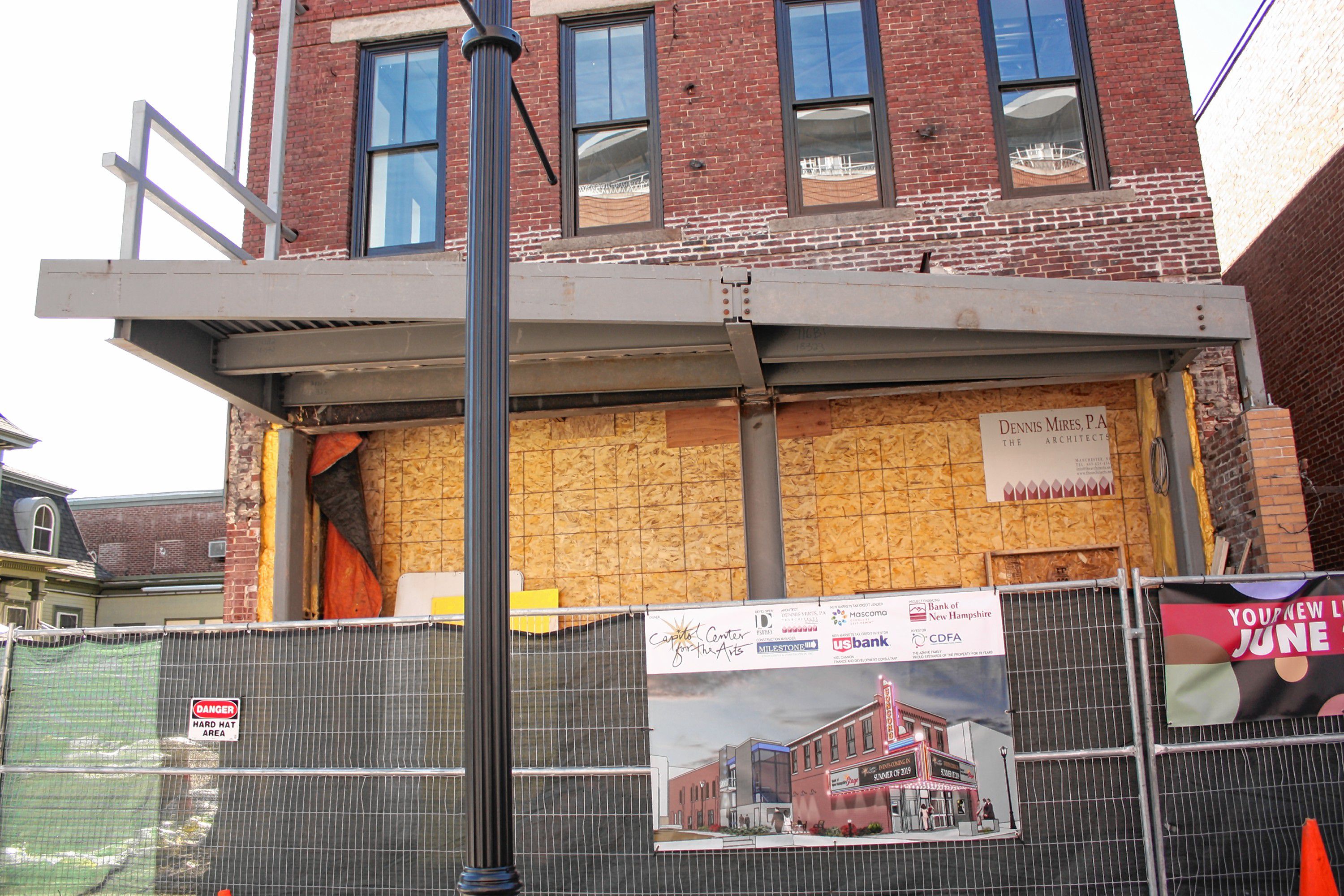 Work on the exterior of the Bank of New Hampshire Stage is coming right along, with the frame of the marquee now in place. JON BODELL / Insider staff