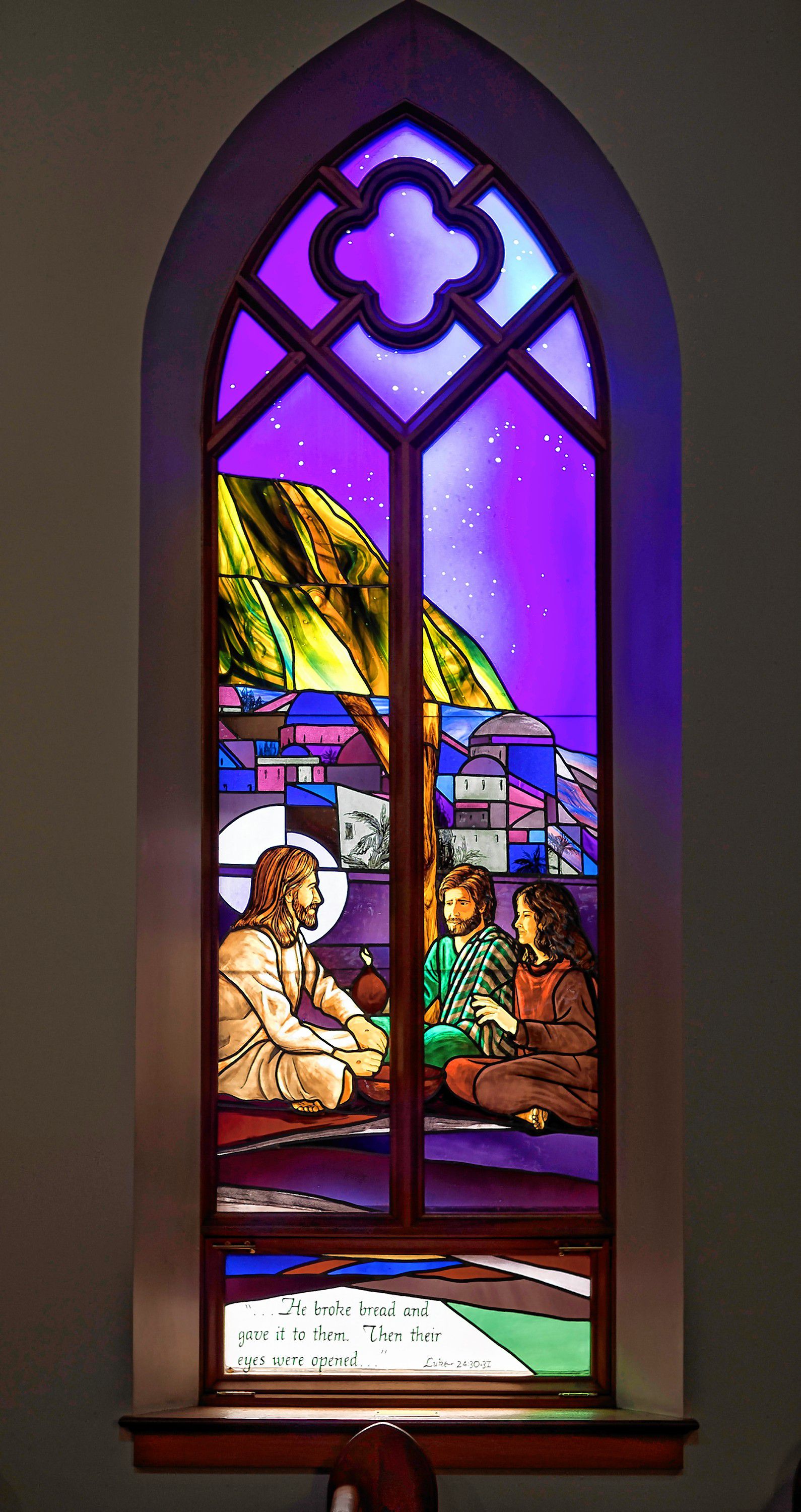 One of the stained glass windows inside St. Paul’s Episcopal Church in downtown Concord.