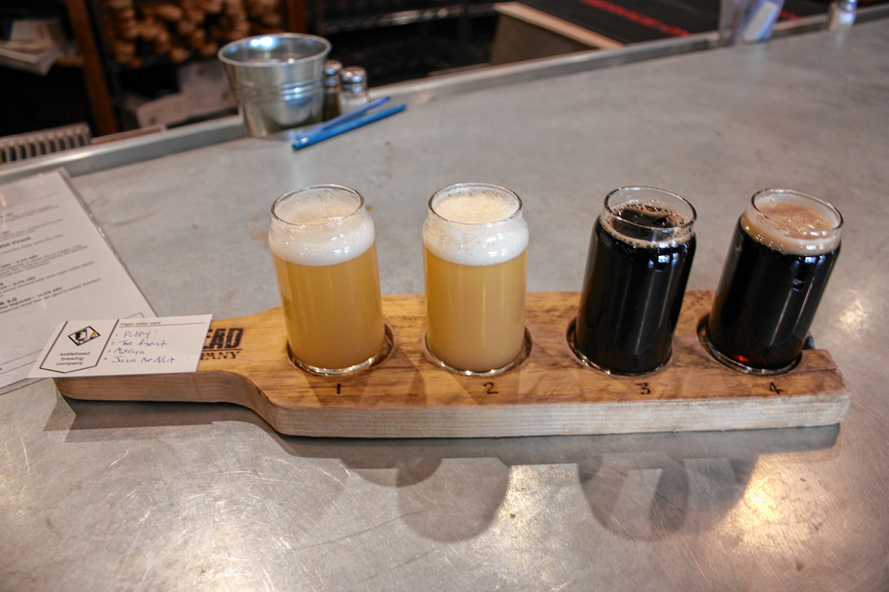 What, did you think we were going to go to a brewery and not try some beer? This flight from Kettlehead Brewing Co. contains (from left) Pulpy, The Agent, Mokaya with Cookies and Cream, and Java the Nut. JON BODELL / Insider staff