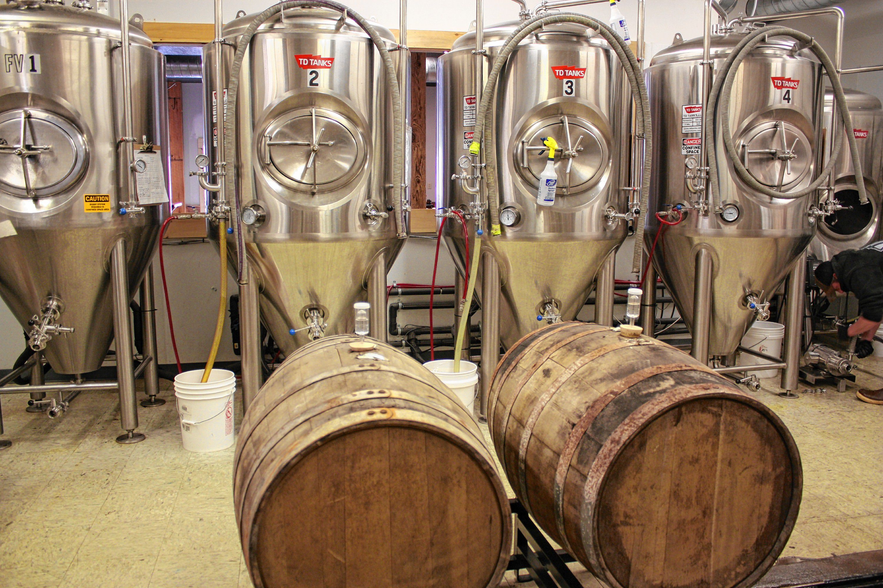 Kettlehead Brewing Co. in Tilton currently has six fermenters (four shown here) but will soon have a total of seven. That's a lot of beer. JON BODELL / Insider staff