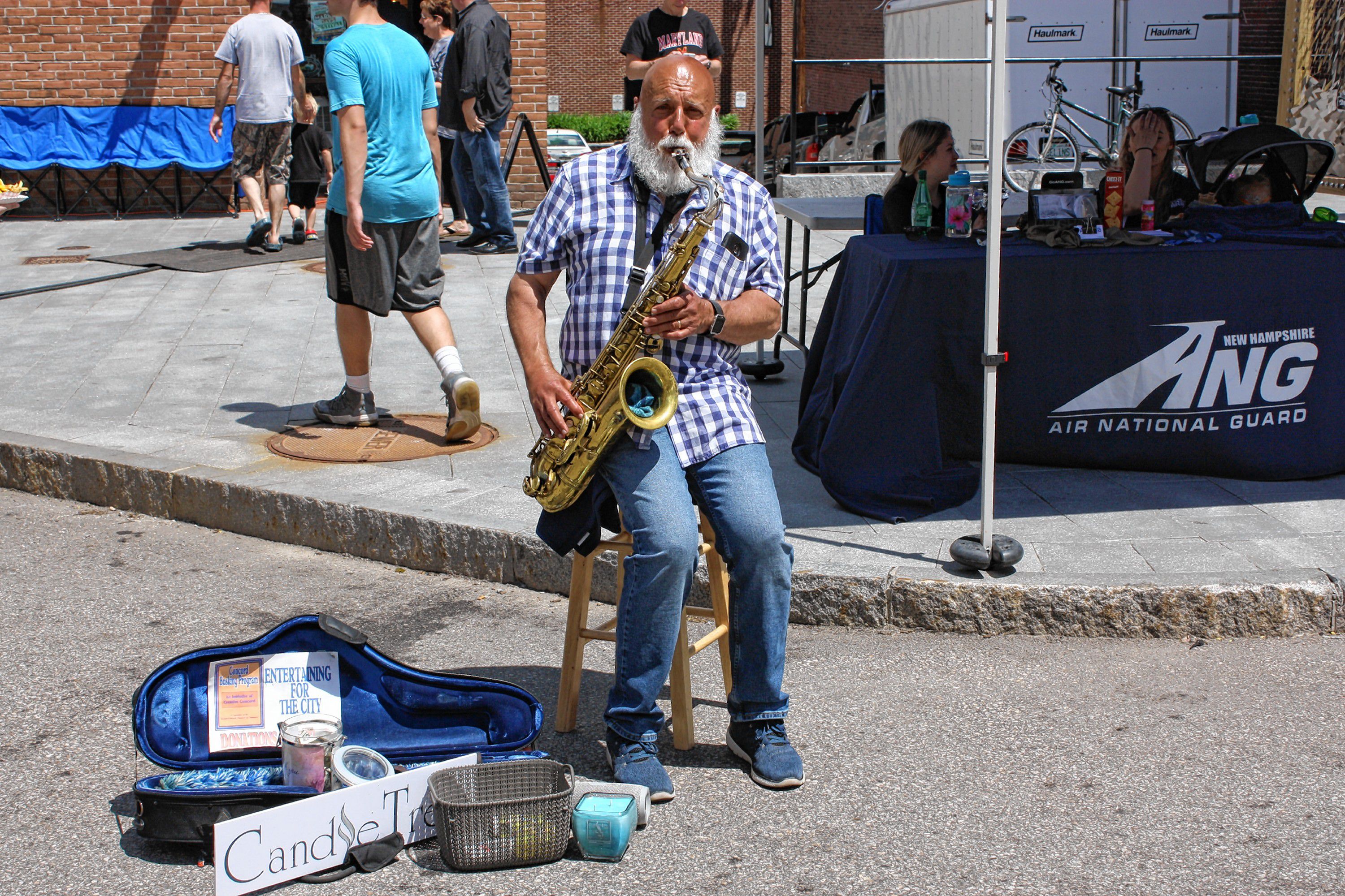 Dom D., "The Sax," a regular fixture in downtown Concord, was right at home in the middle of Main Street, jazzing up the Market Days crowd.  JON BODELL / Insider staff