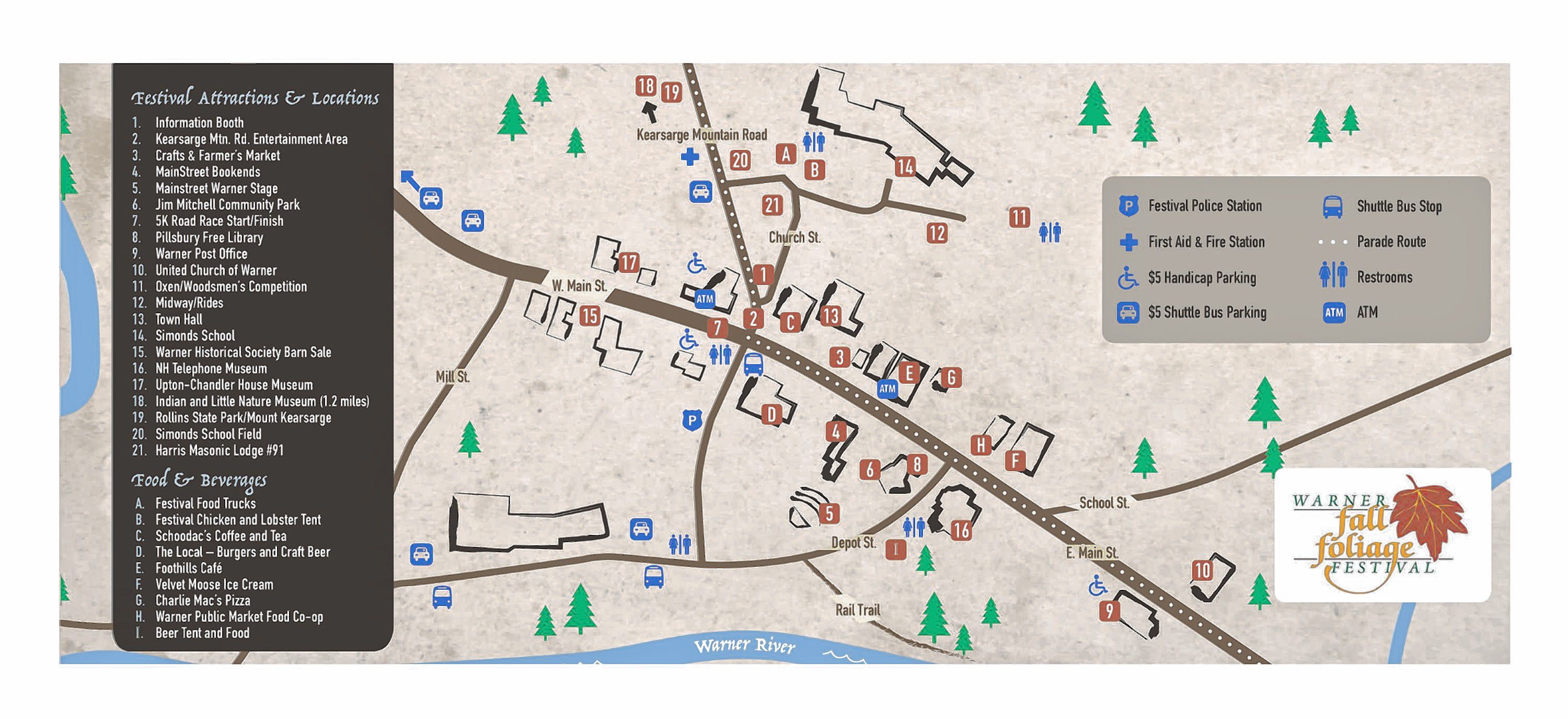 A map of the 2019 Warner Fall Foliage Festival attractions and locations.  Courtesy of Warner Fall Foliage Festival