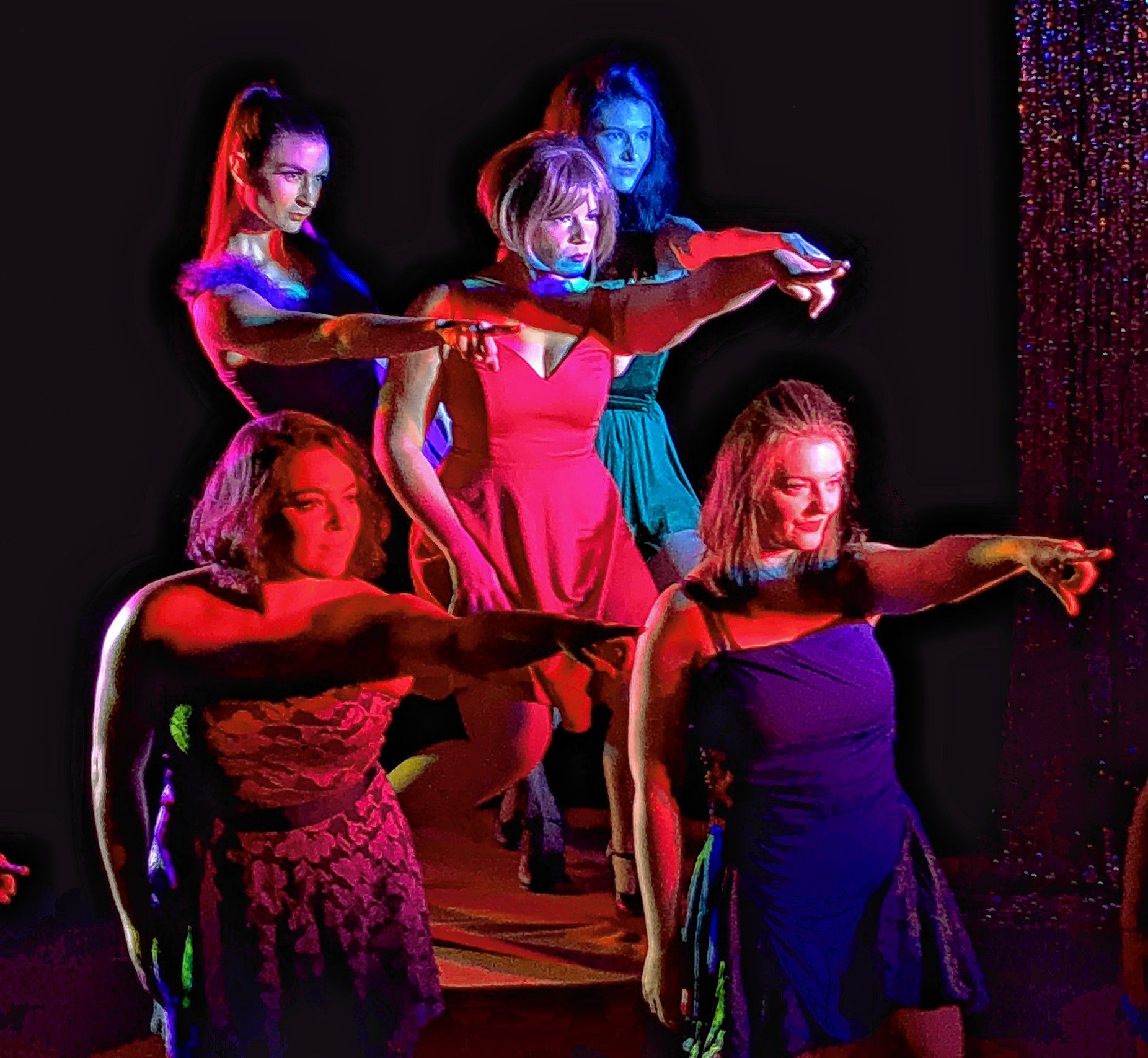 A scene from "Sweet Charity" performed by the Community Players of Concord shows Charity (center) and some of the Fandango Girls.  Courtesy of Community Players of Concord