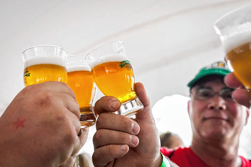 A group makes a toast before drinking a sample of craft beer at the New Hampshire Brewers Festival at Kiwanis Riverfront Park in Concord on Saturday, July 22, 2017. 