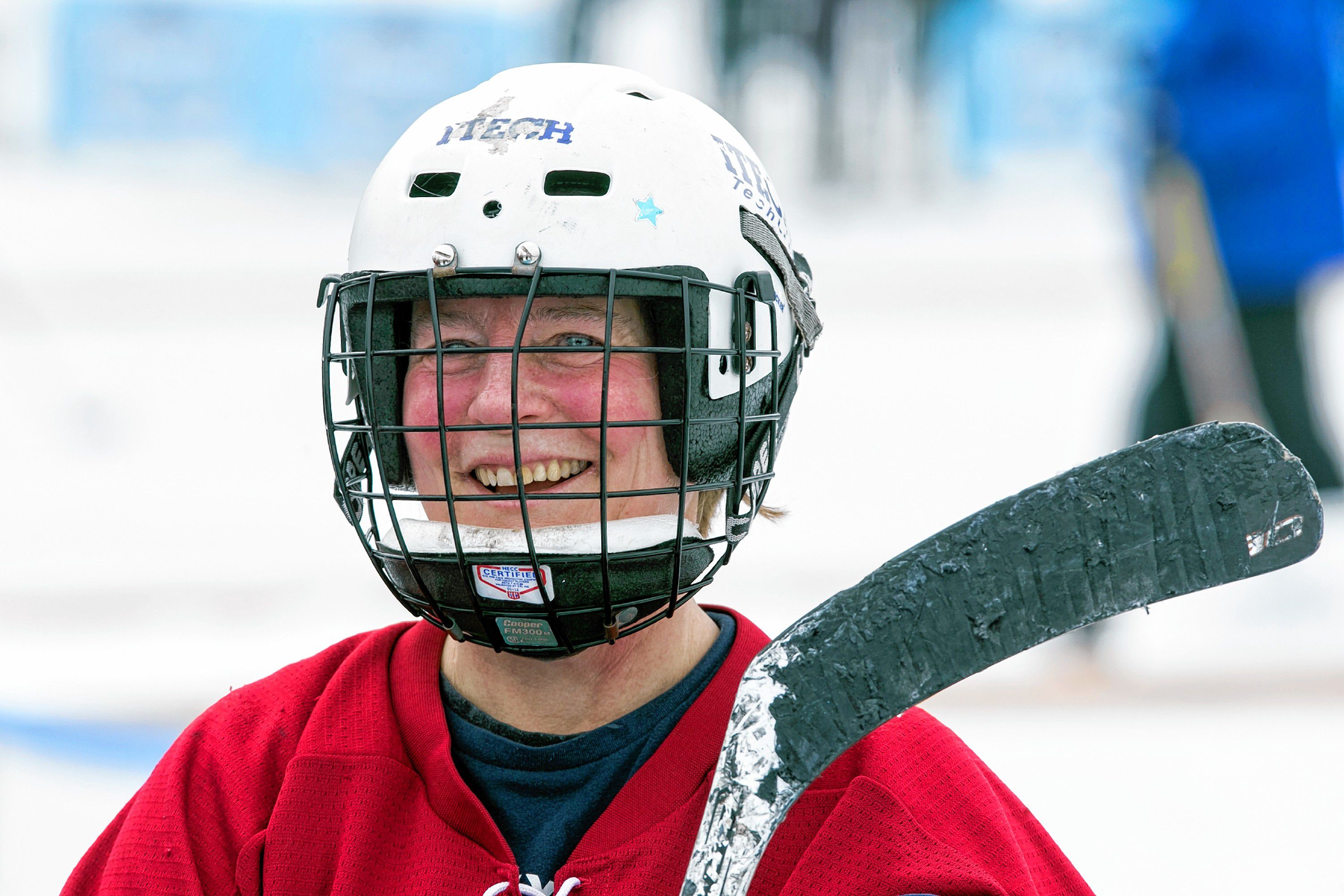 Mary Anne Connolly of Weare gets ready to play for the Galoots Saturday at the Black Ice Pond Hockey Tournament at White Park. Feb 2018 