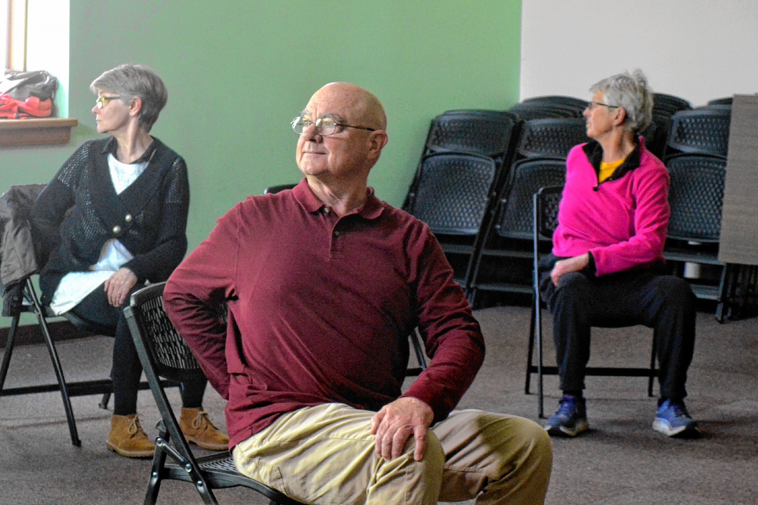 Tom Sherman leads a chair yoga class Tuesday, April 16, 2019, at GoodLife Programs in Concord. 