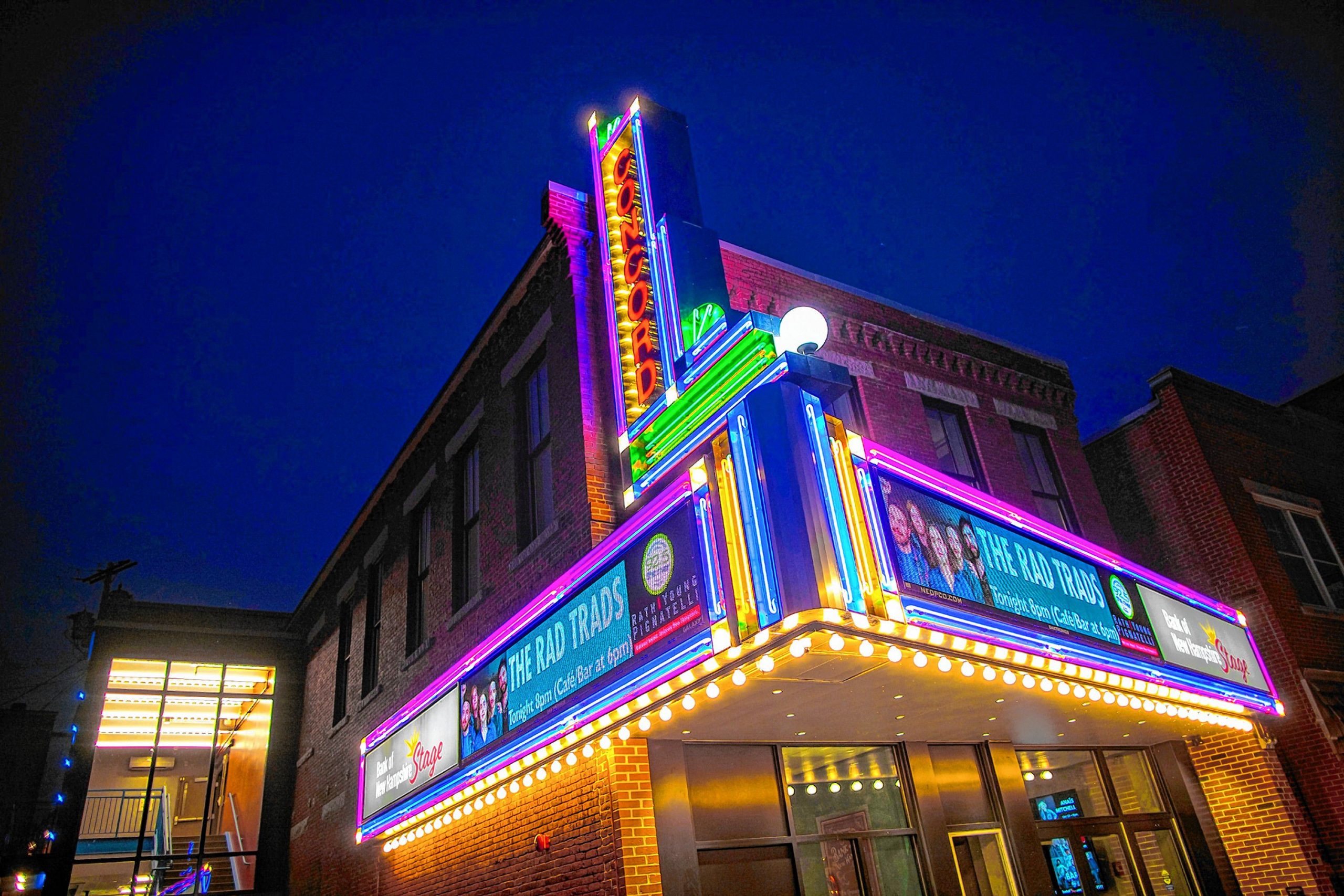 The marquee of the new Bank of New Hampshire Stage in downtown Concord on Saturday night, August 17, 2019.  