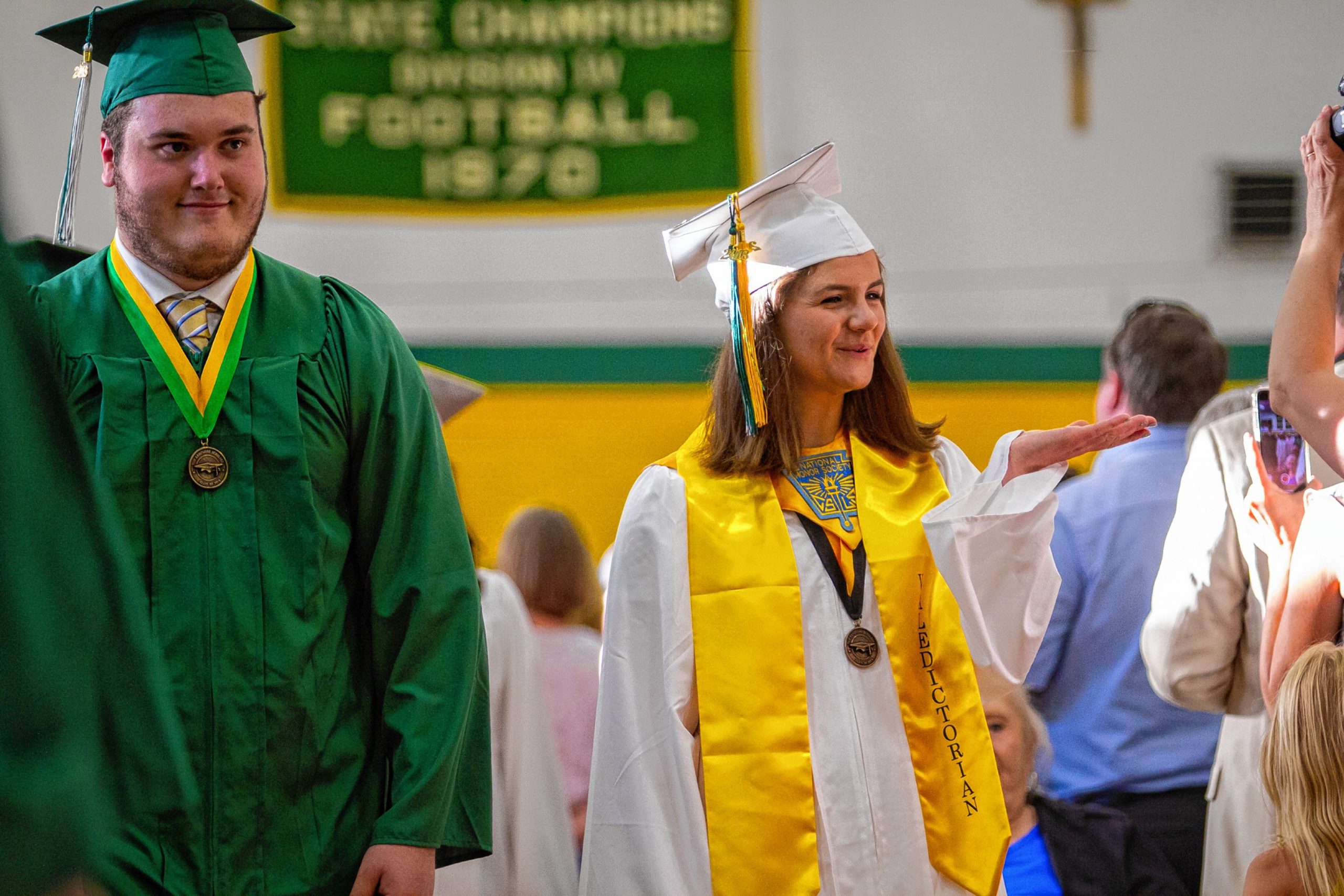 Emma Bradley blows a kiss into the crowd during the Bishop Brady High School graduation at the school gymnasium in Concord on Friday, June 8, 2018. (ELIZABETH FRANTZ / Monitor staff) Elizabeth Frantz