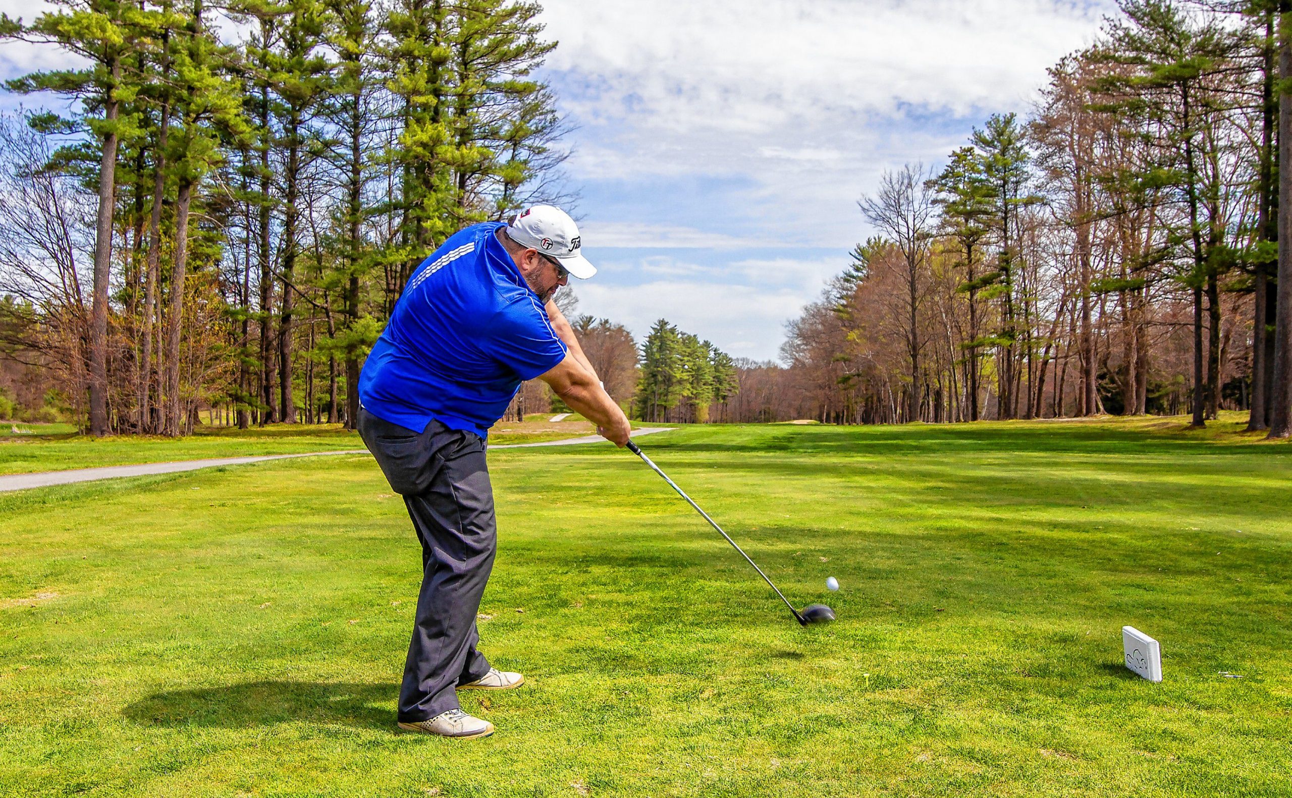 Bryan Marabella of Concord hits his tee shot off the 10th tee at Beaver Meadow Golf Course on Monday, May 11, 2020 on the first day of the course being open for the season because of the COVID-19 outbreak. GEOFF FORESTER