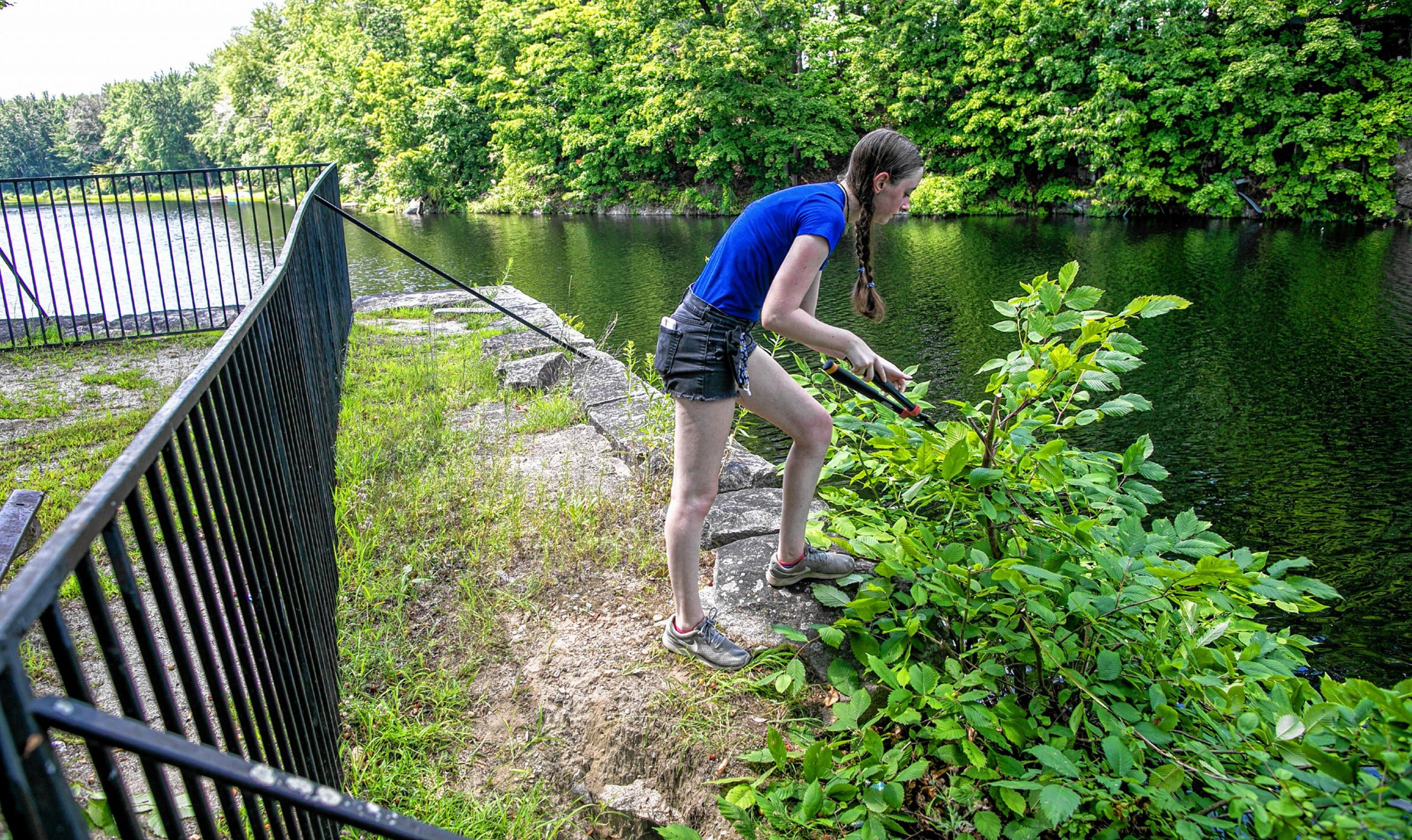 Erin Chadbourne cuts up brush along the Contoocook River at the Riverside Park in downtown Penacook on Tuesday, August 11, 2020. GEOFF FORESTER