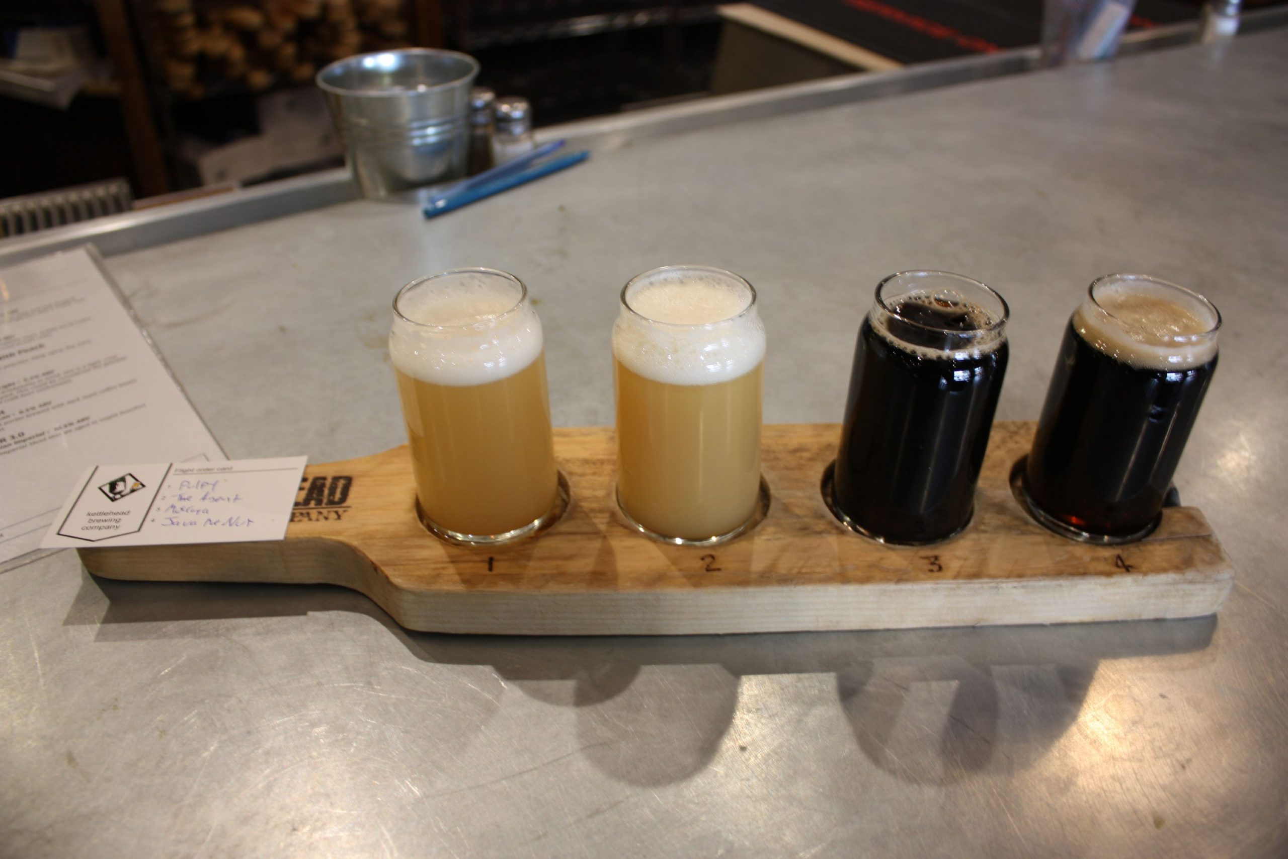 What, did you think we were going to go to a brewery and not try some beer? This flight from Kettlehead Brewing Co. contains (from left) Pulpy, The Agent, Mokaya with Cookies and Cream, and Java the Nut. JON BODELL / Insider staff