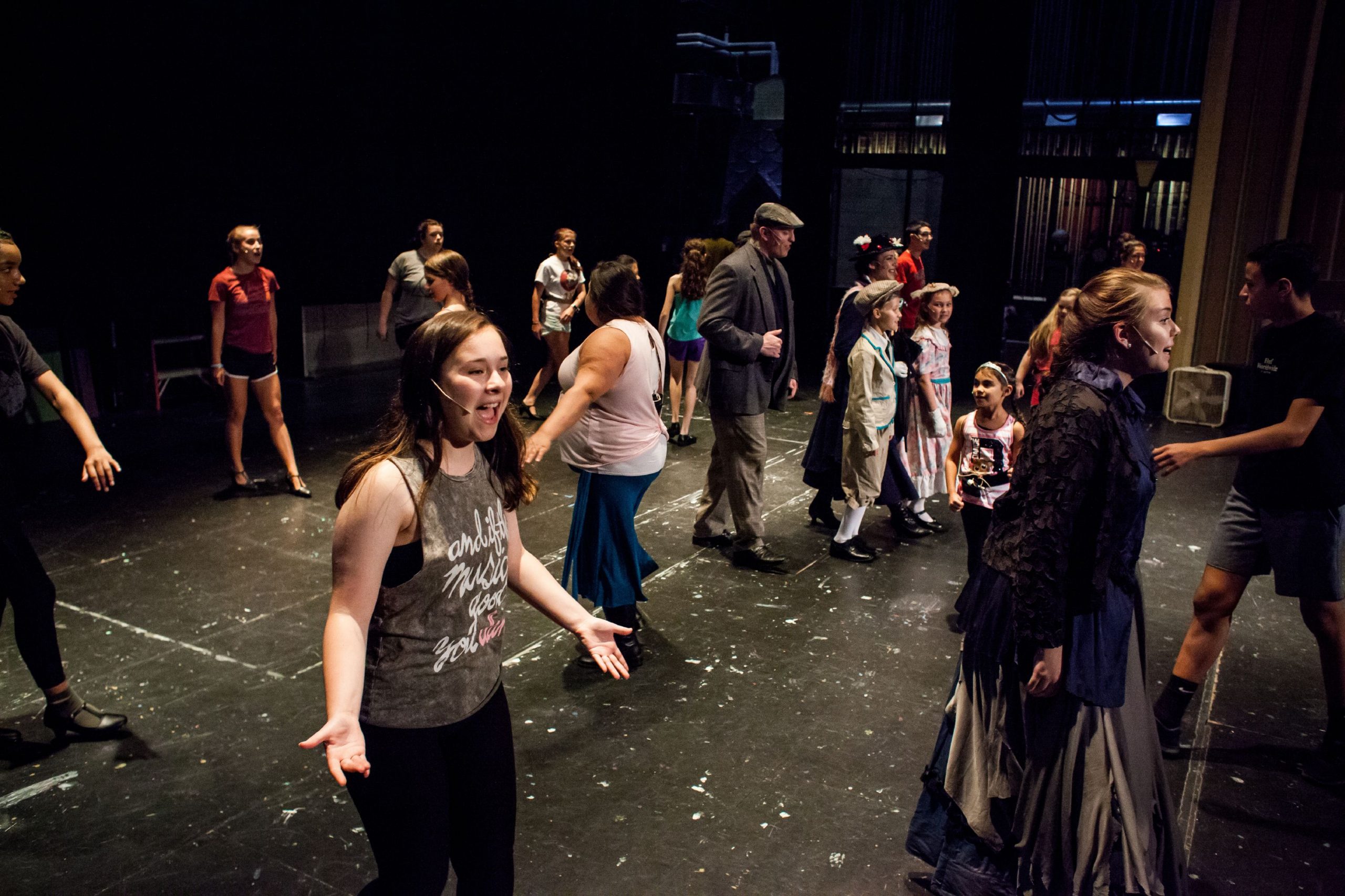 Cast members rehearse scenes from Mary Poppins at the Capitol Center for the Arts in Concord on Tuesday, July 31, 2018. The RB Productions mainstage show runs August 3-4. (ELIZABETH FRANTZ / Monitor staff) ELIZABETH FRANTZ