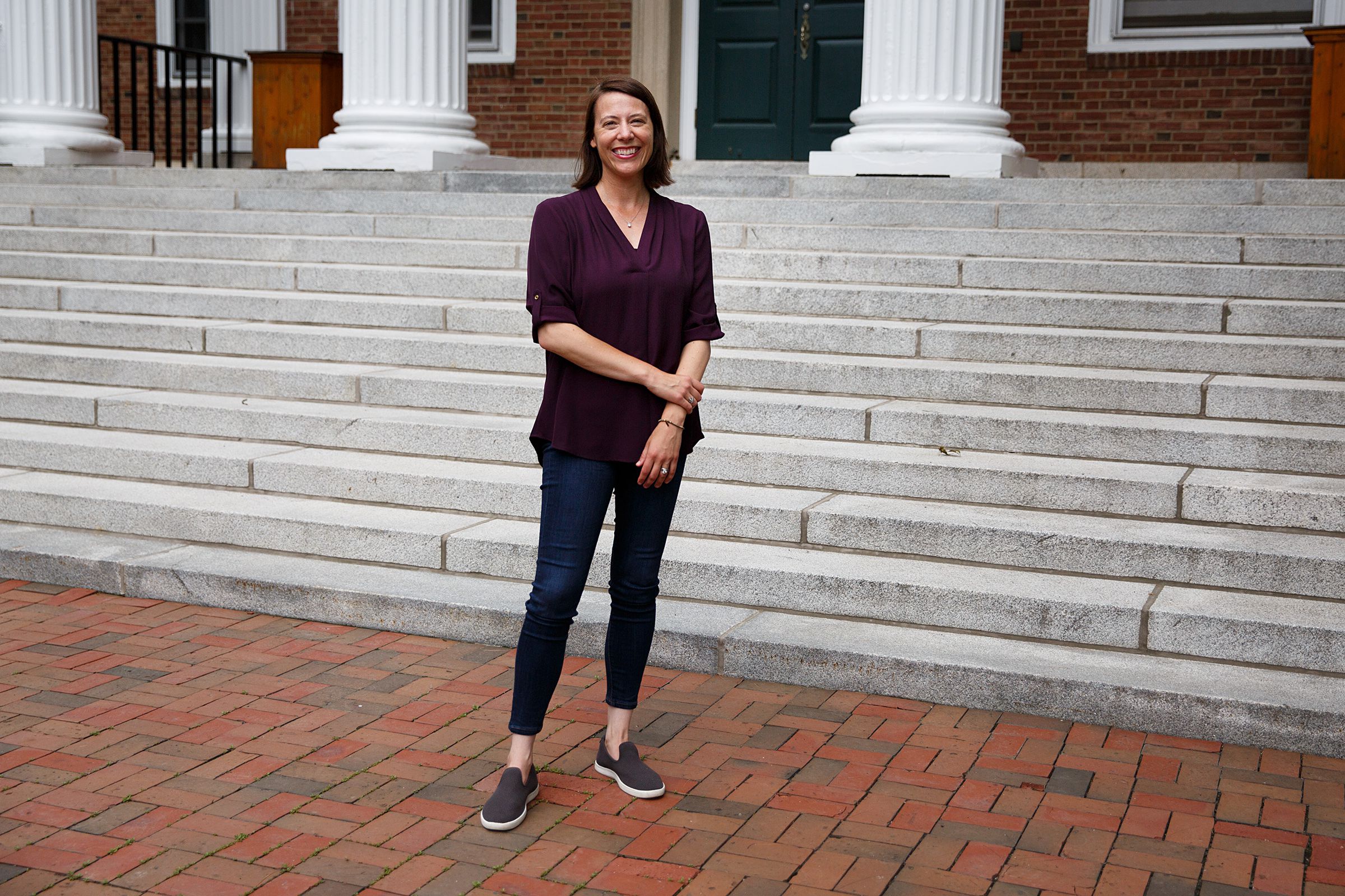 Lindsey Leininger, co-founder of "Dear Pandemic" and clinical professor at Dartmouth's Tuck School of Business, outside Tuck Hall in Hanover, N.H., on Wednesday, June 30, 2021. Leininger was inundated with questions about the virus from friends and family at the beginning of the pandemic, and along with three fellow PhDs, she started a social media campaign to address those public health questions for a broader audience. (Valley News / Report For America - Alex Driehaus) Copyright Valley News. May not be reprinted or used online without permission. Send requests to permission@vnews.com. Alex Driehaus