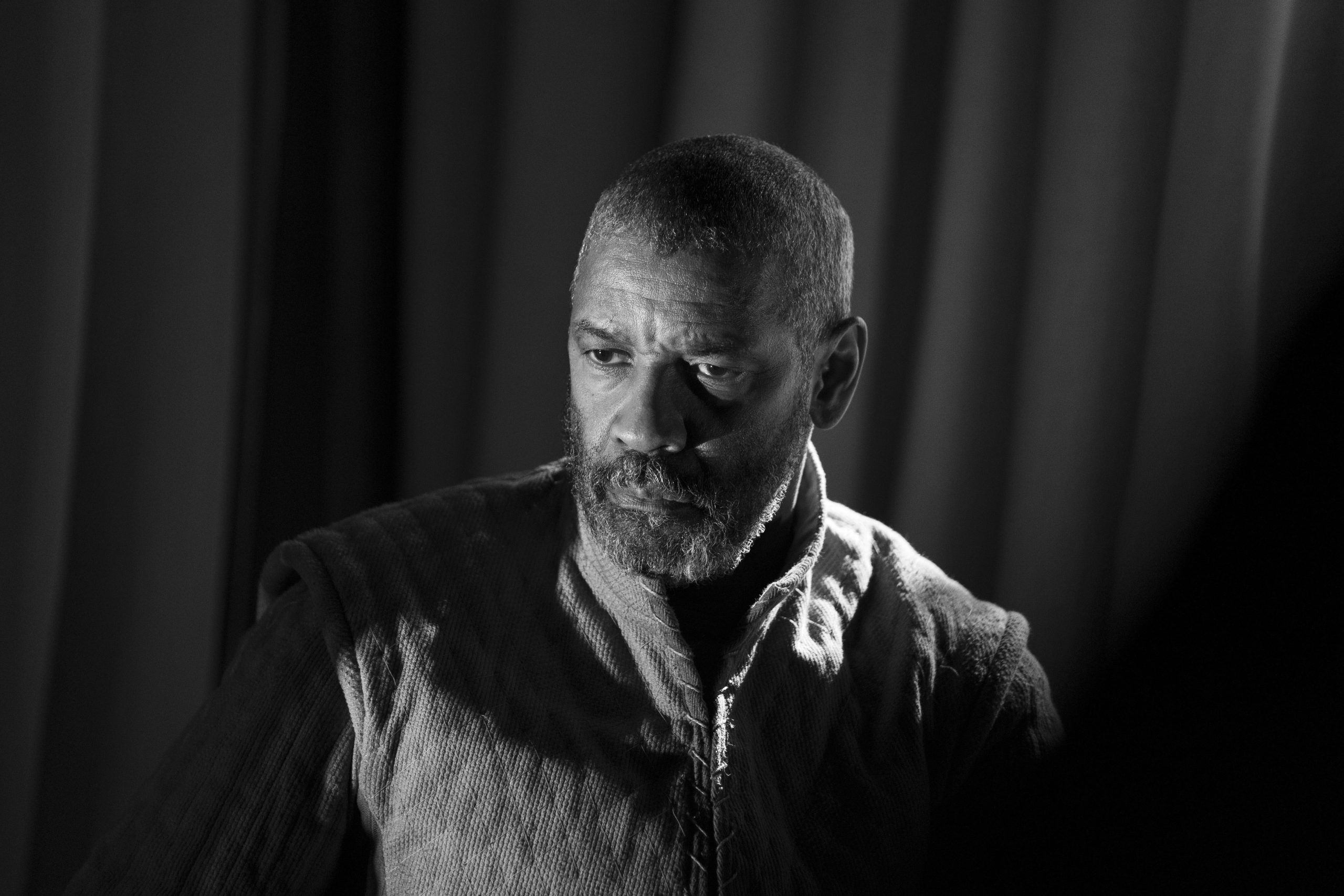 This image released by A24 shows Denzel Washington in a scene from "The Tragedy of Macbeth." (A24 via AP) Alison Rosa